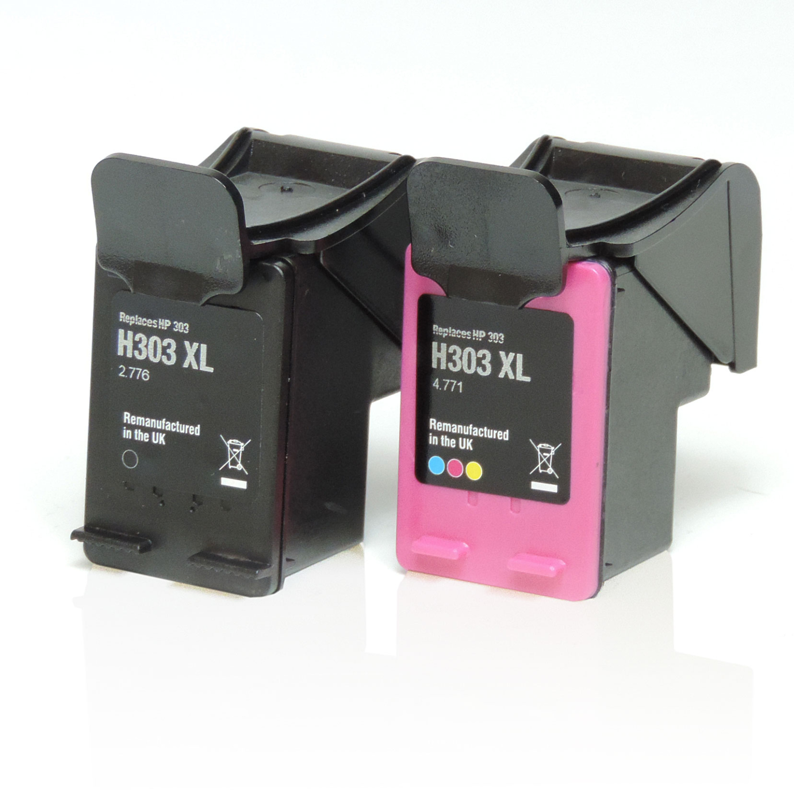 Zwei HP 303 XL Tintenpatronen, eine schwarz, eine pink, auf weißem Hintergrund.