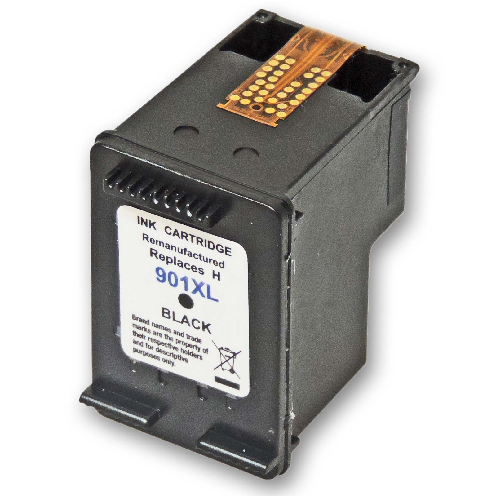 Schwarze Tintenpatrone 901XL mit goldenen Kontakten und Beschriftung.