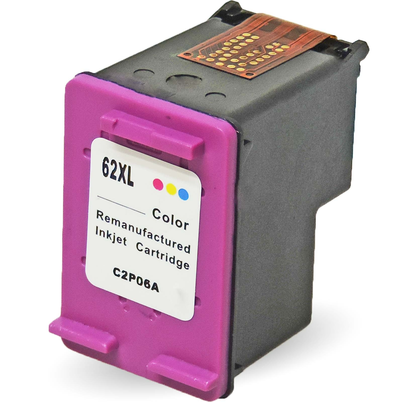 Ein pinkfarbener Tintenstrahl-Druckerpatronen-Kopf mit "62XL Color" Aufdruck.