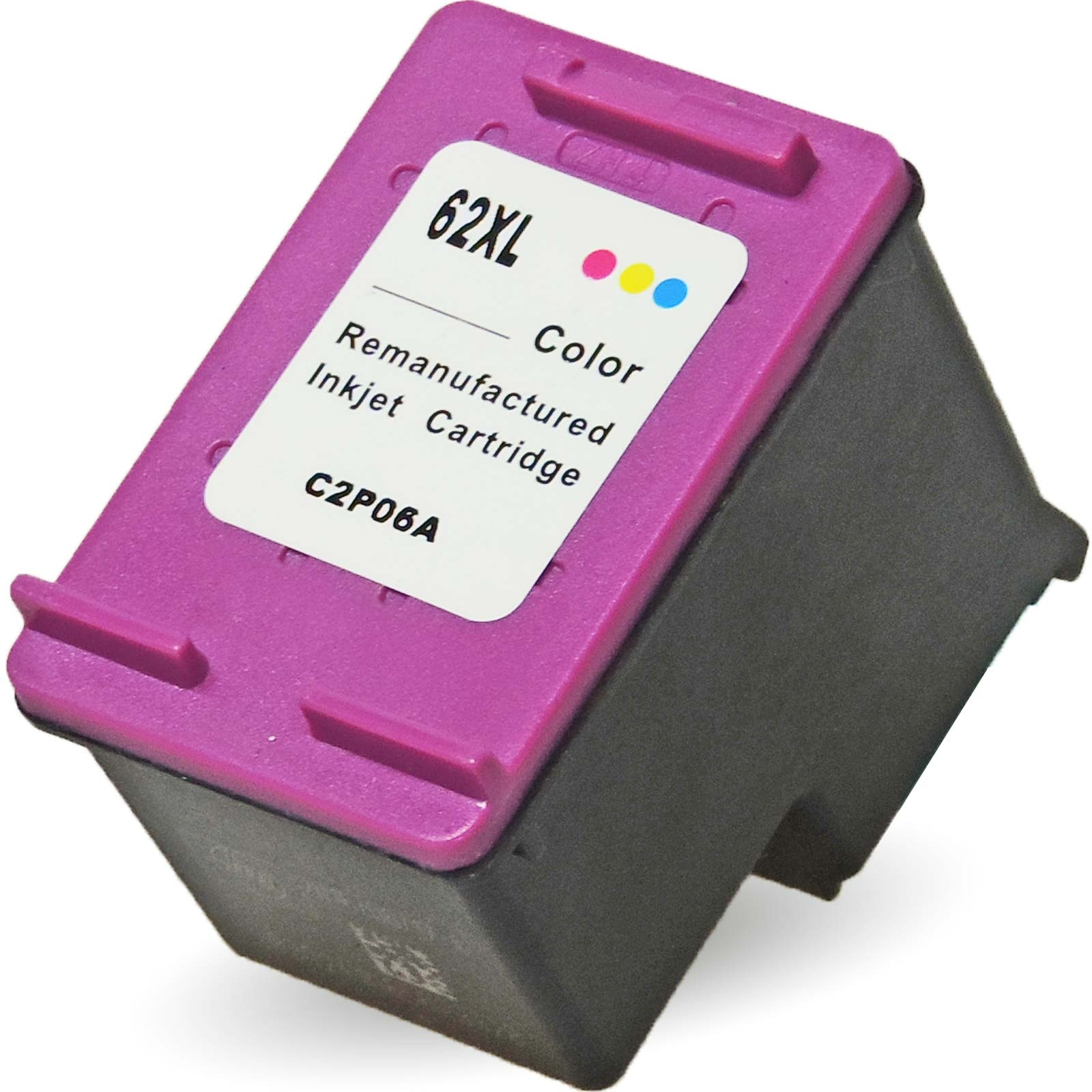 Eine lila und schwarze Tintenpatrone mit der Aufschrift "62XL Color Remanufactured Inkjet Cartridge C2P06A".
