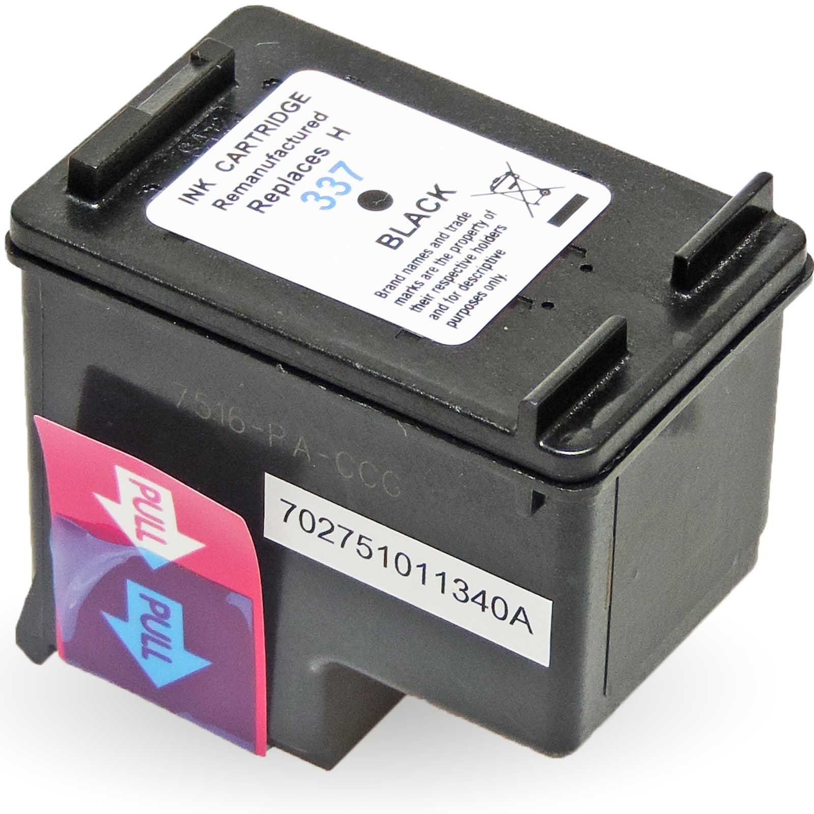 Schwarze Tintenpatrone, wiederaufbereitet, ersetzt 337, mit "PULL"-Aufklebern.