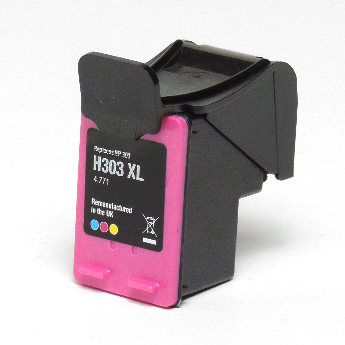 Ein pinker HP 303 XL Tintenstrahl-Druckerpatronen-Aufkleber auf schwarzem Gehäuse.