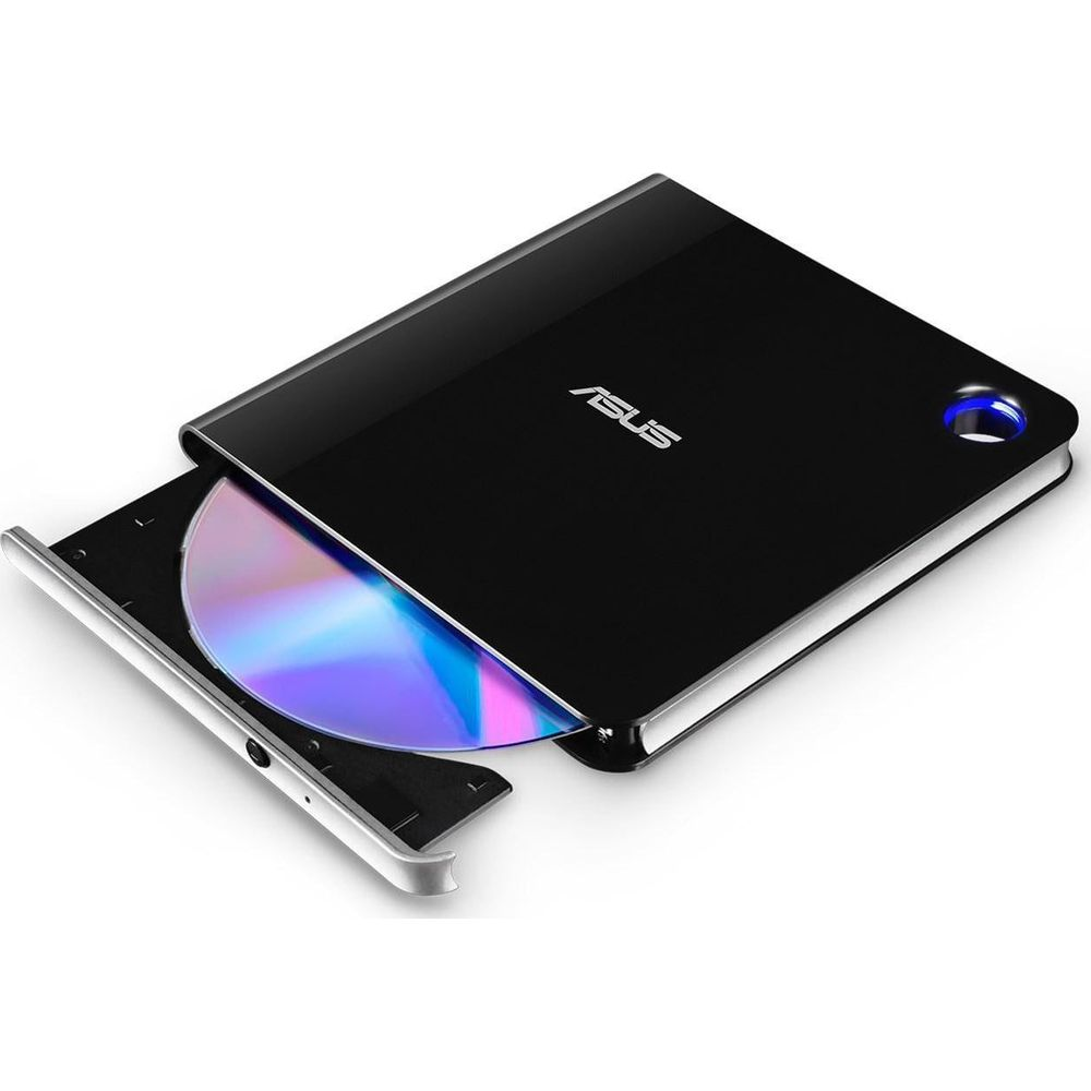 Czarna zewnętrzna nagrywarka DVD ASUS z włożonym dyskiem.