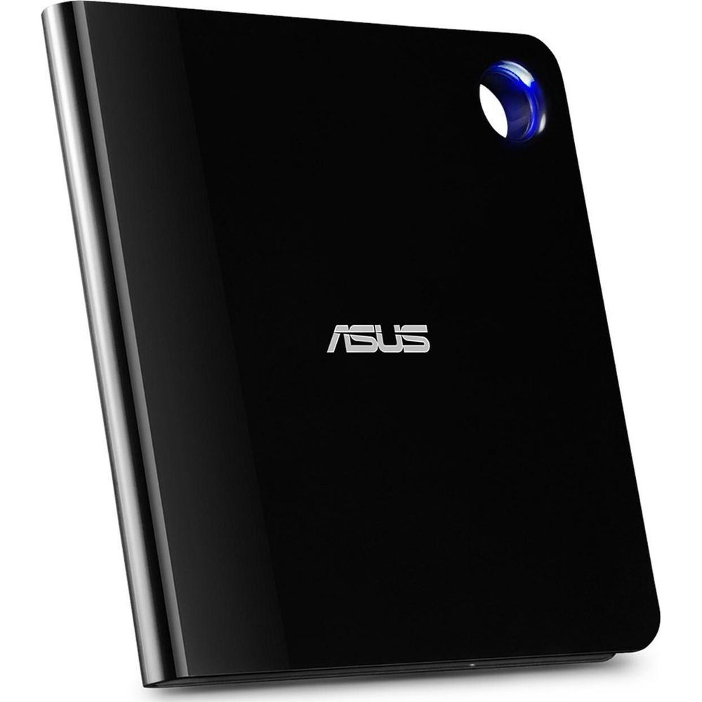 Czarny laptop Asus z niebieskim światłem w prawym górnym rogu.