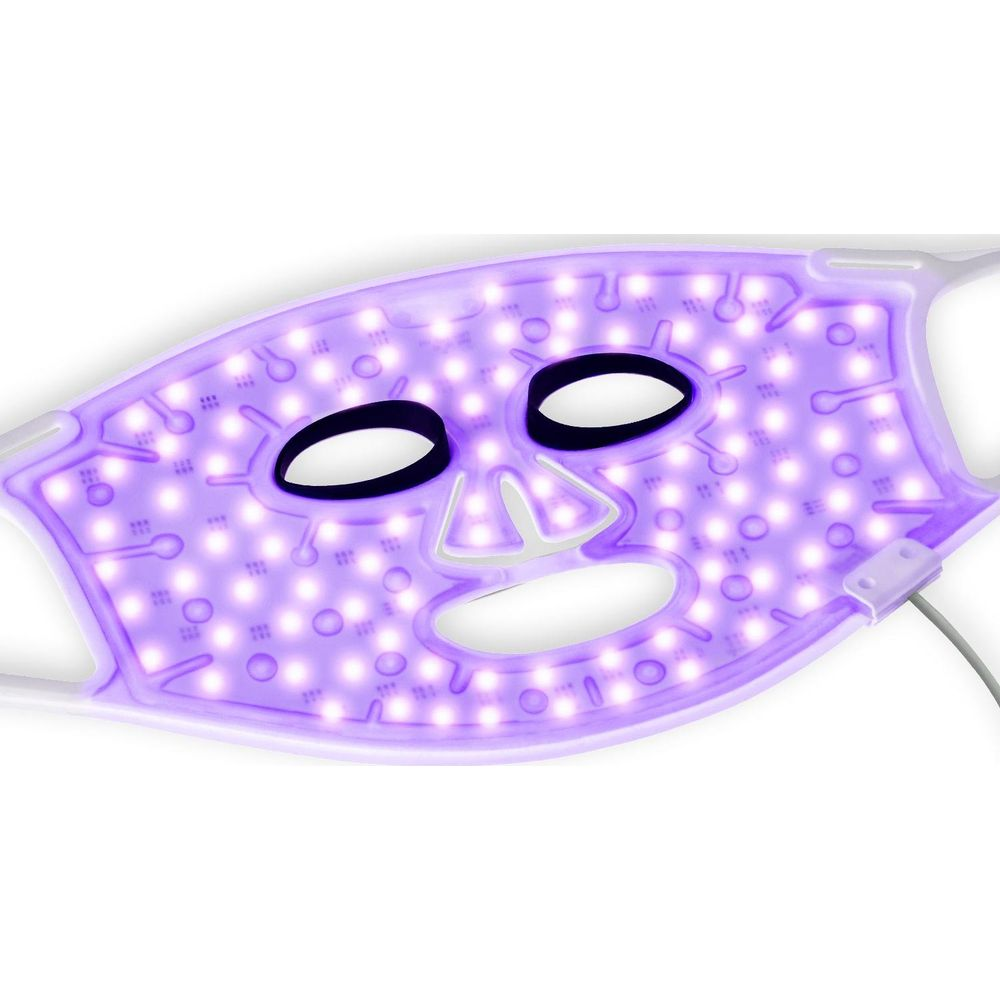 Maschera viso LED viola con aperture per occhi e bocca, su sfondo bianco.