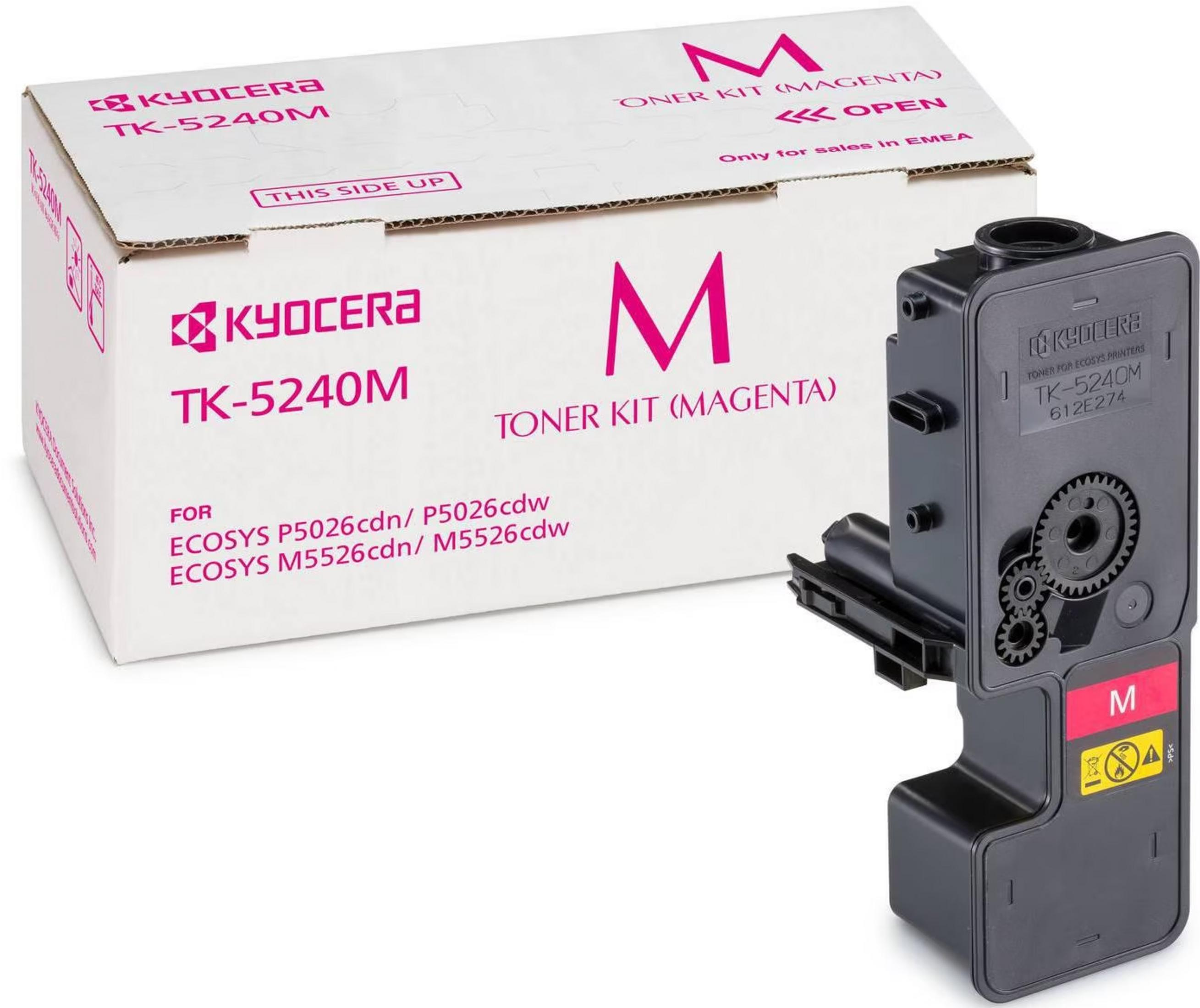 Pudełko z zestawem magenta Kyocera TK-5240M i osobny kartridż z tonerem.