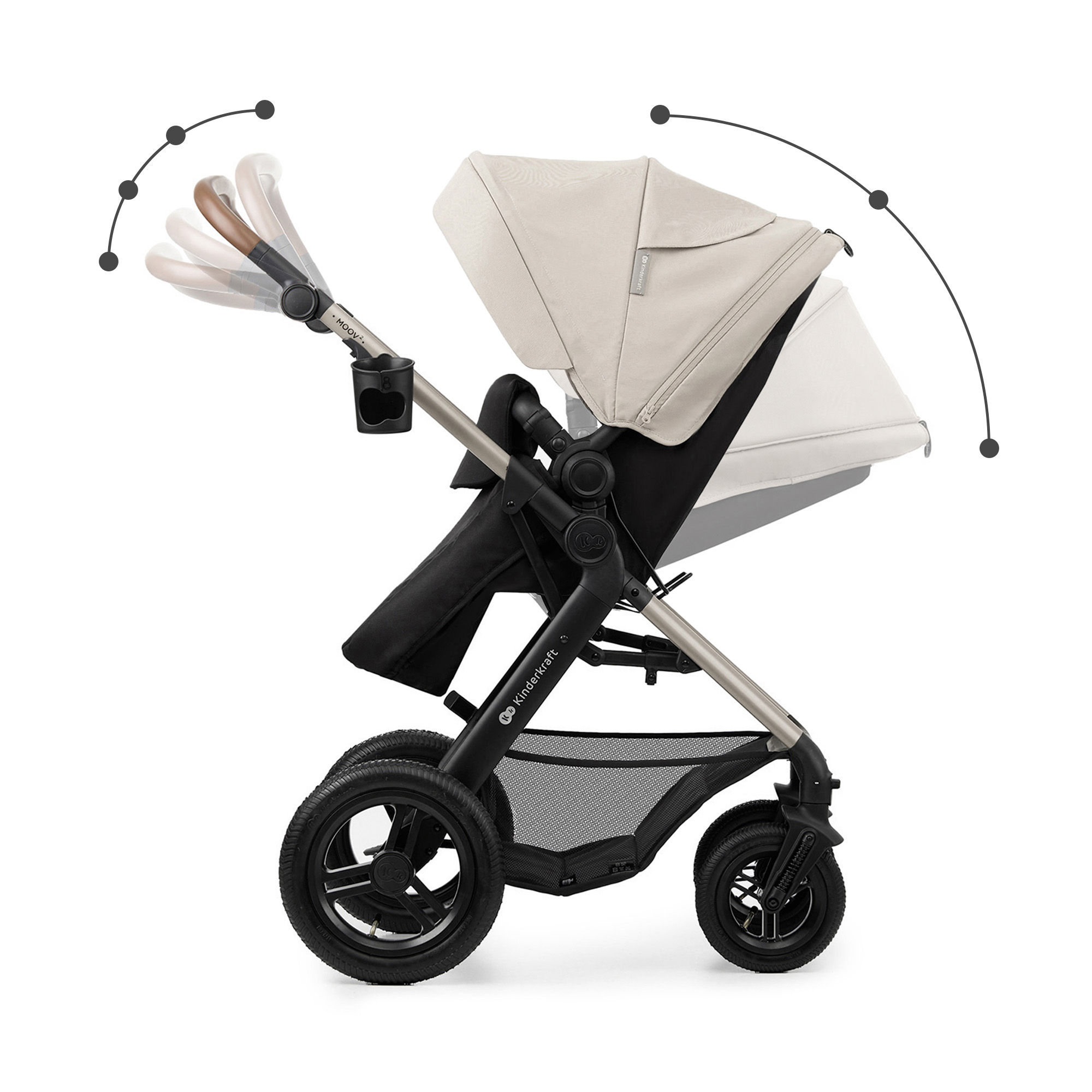 Ein beiger Kinderwagen mit schwarzen Rädern und einem Getränkehalter.