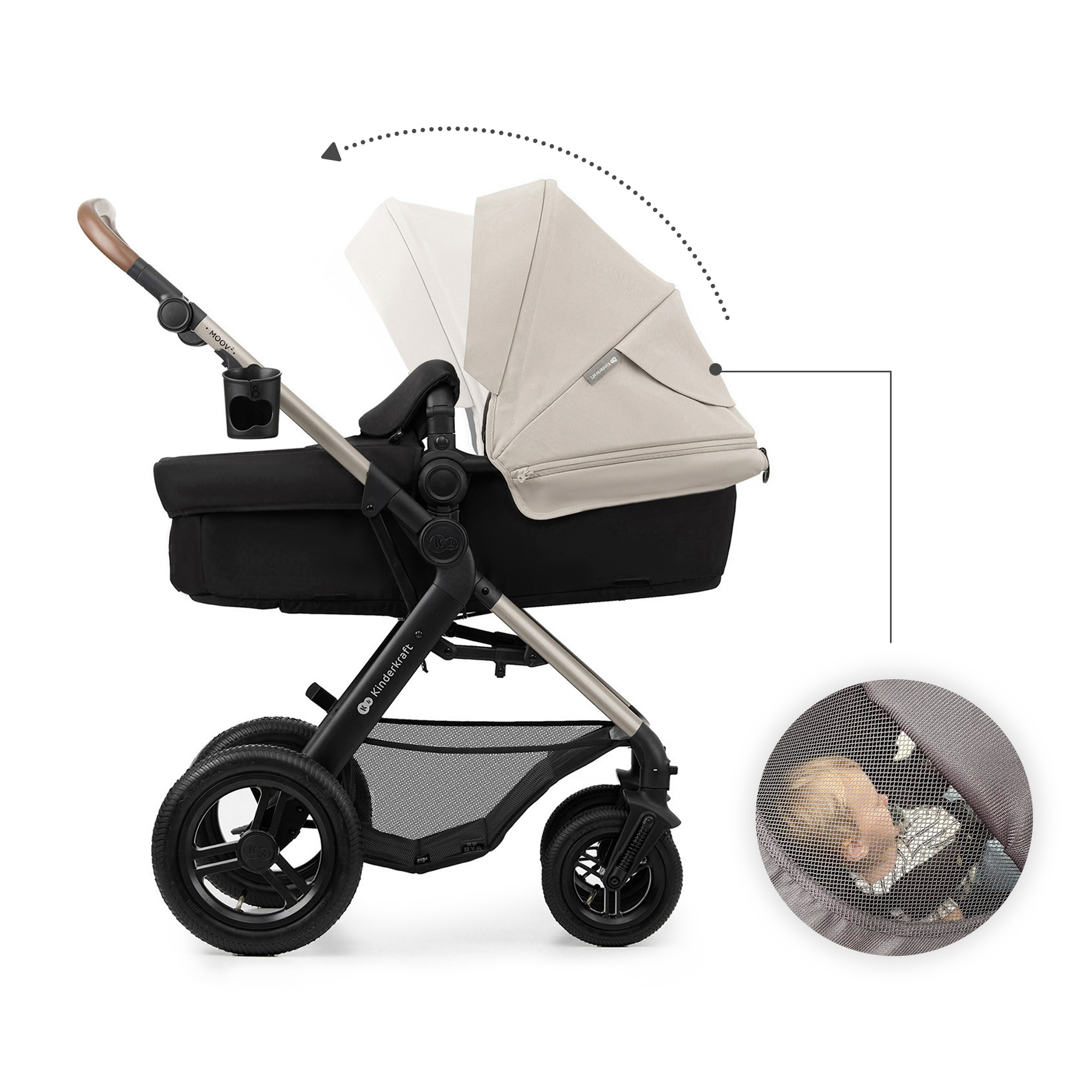 Ein Kinderwagen mit verstellbarem Verdeck und einem schlafenden Baby im Einsatz.