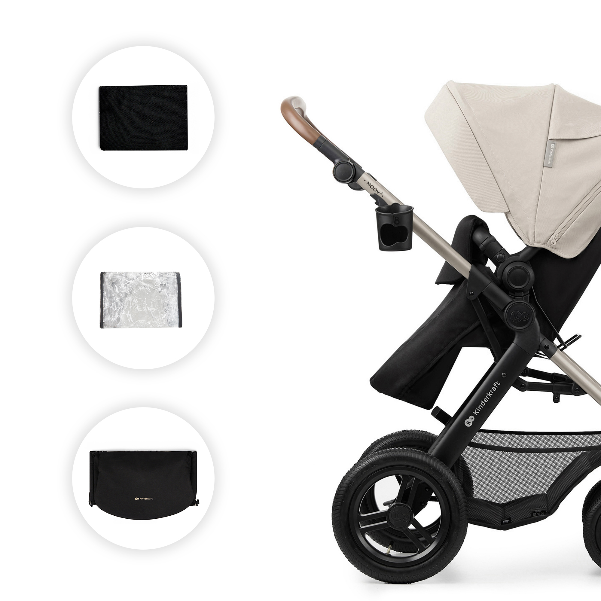 Ein Kinderwagen in Beige und Schwarz mit Zubehörteilen in Kreisen.