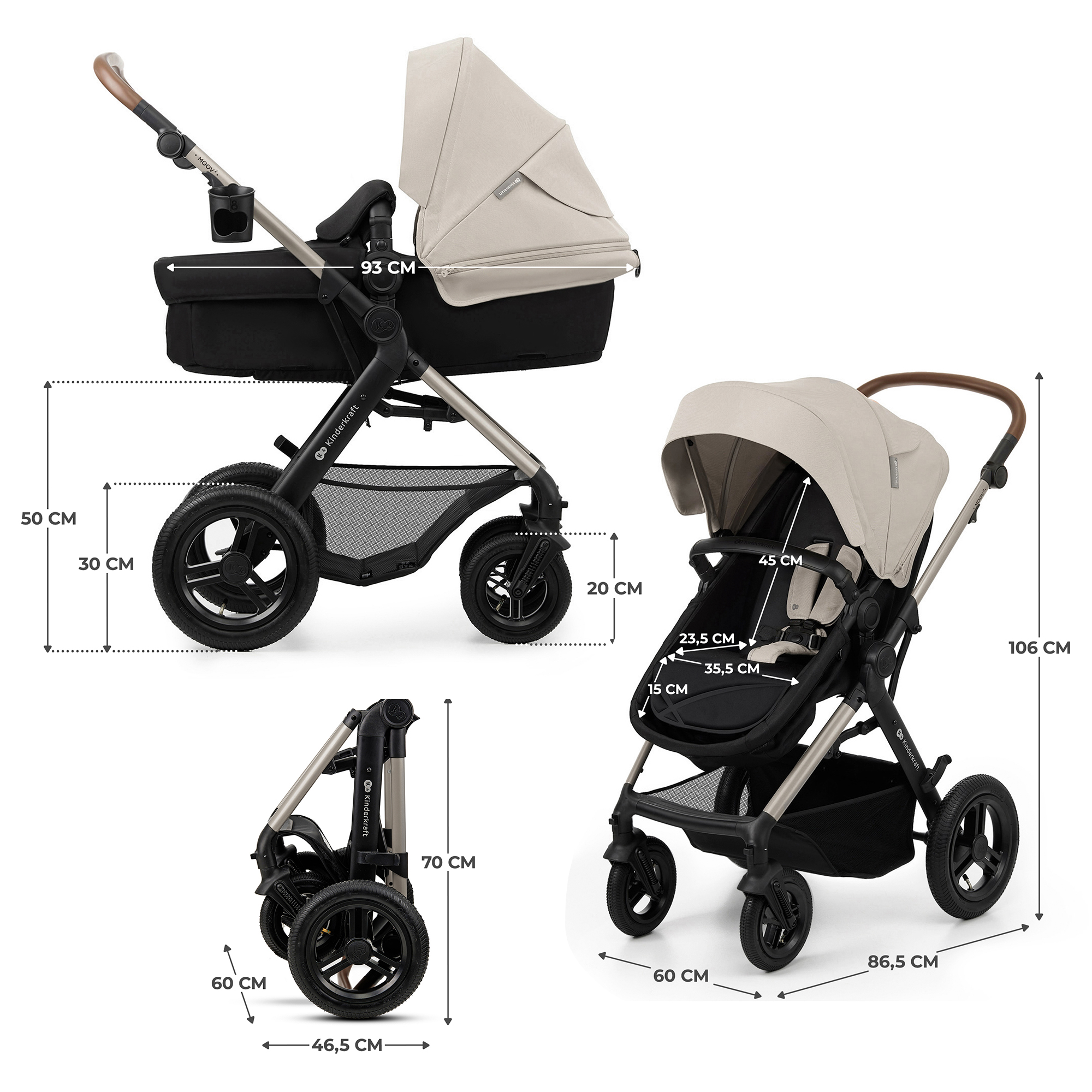 Ein Kinderwagen in beige und schwarz mit Maßen.