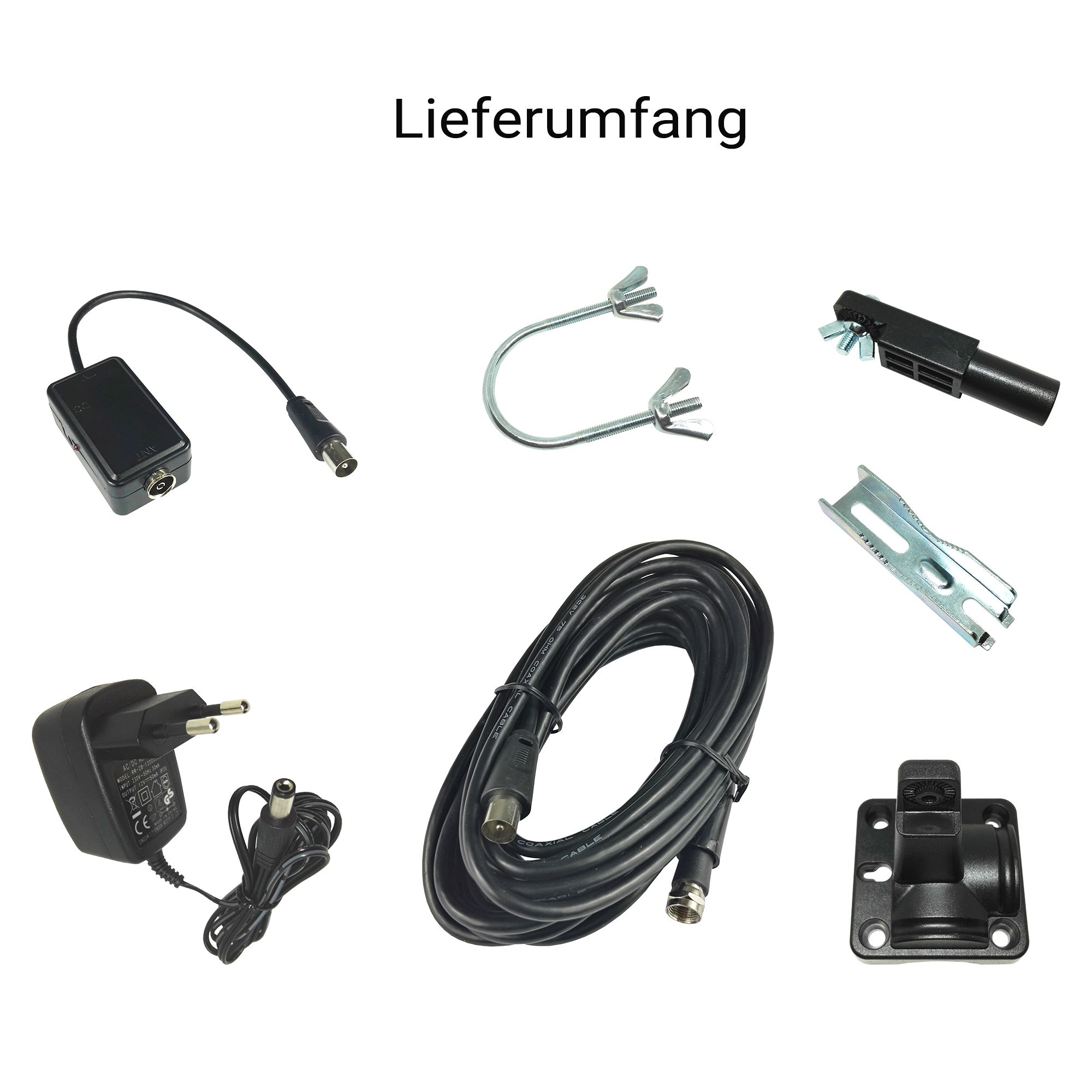 Lieferumfang: Netzteil, Kabel, Halterung, U-Bügel und Antennenverstärker.