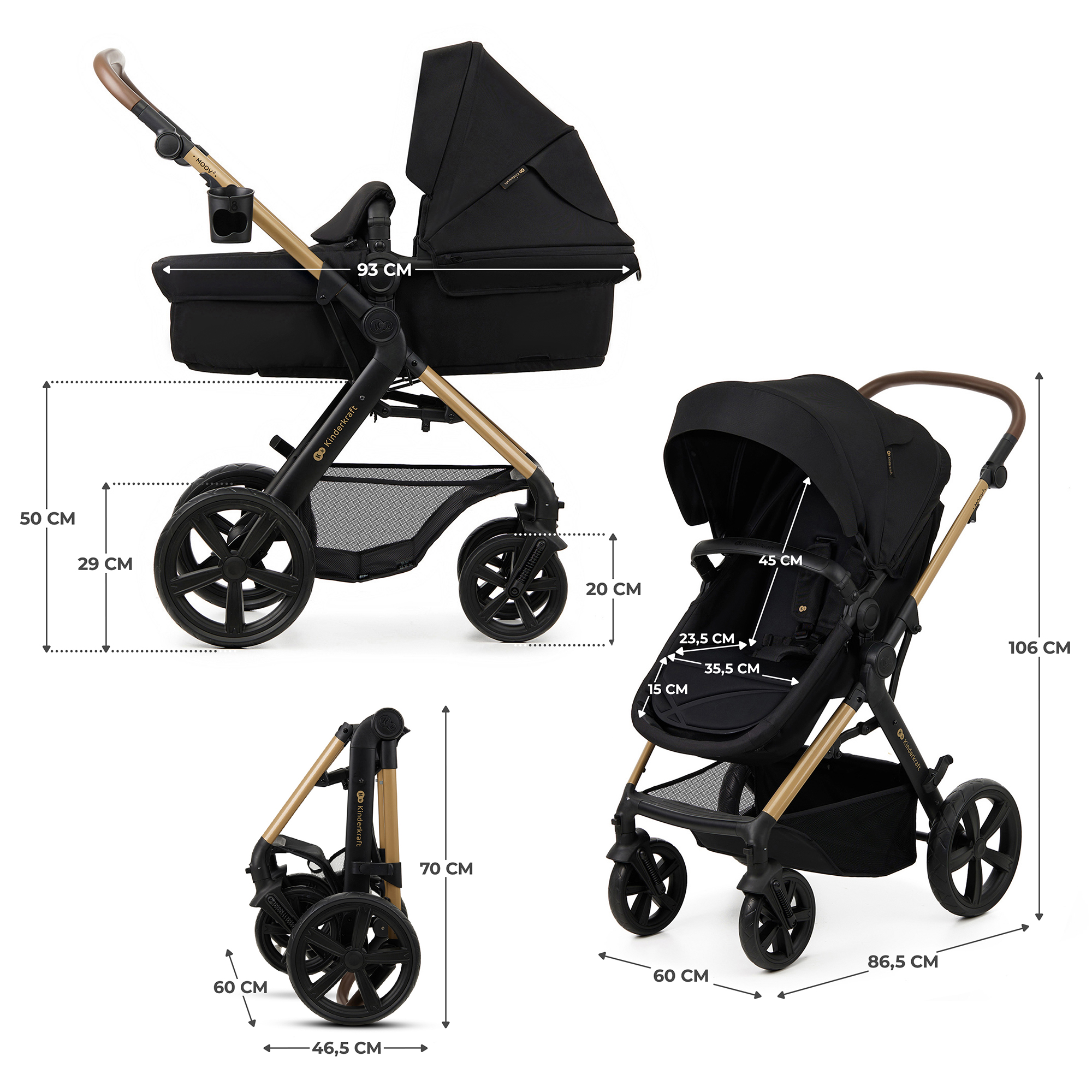 Schwarzer Kinderwagen mit goldenen Details, Maße werden angezeigt.