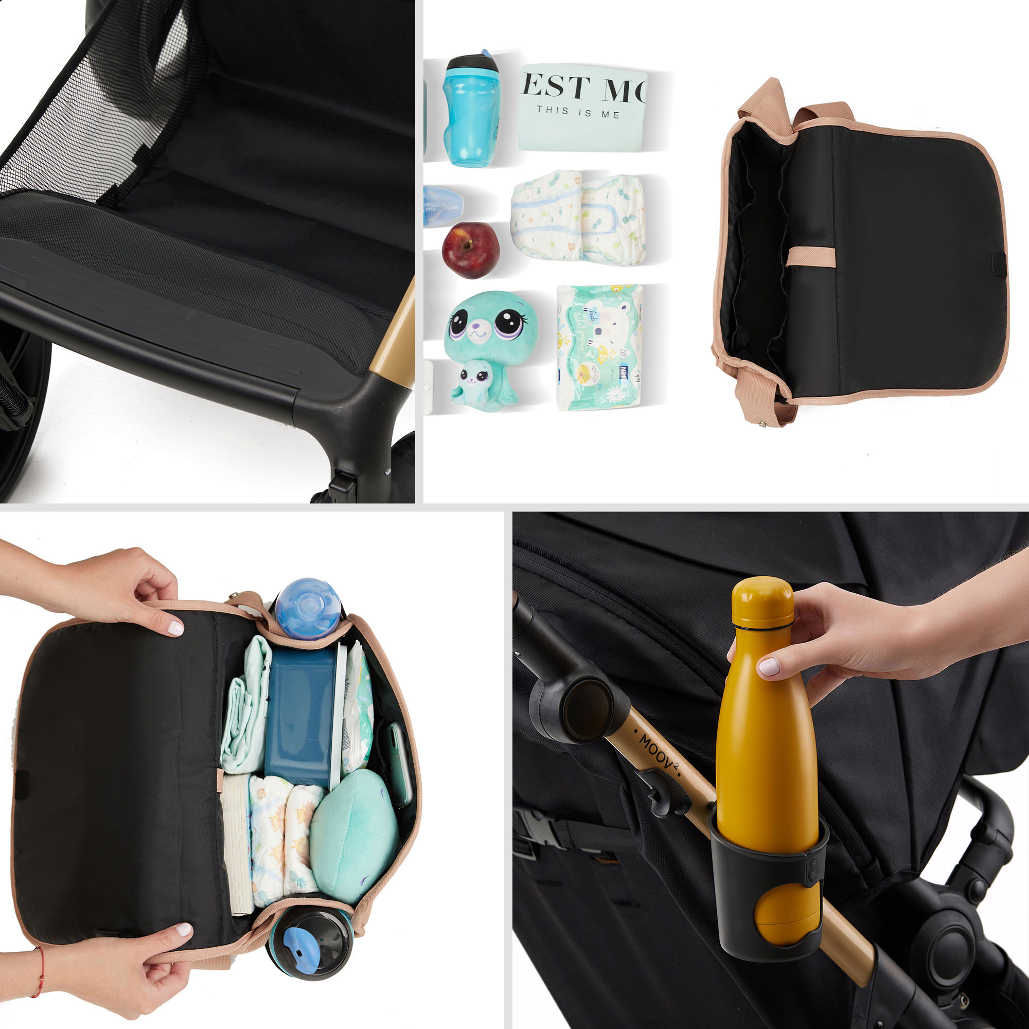 Ein Kinderwagen mit Zubehör: Windeln, Flasche, Spielzeug und mehr.