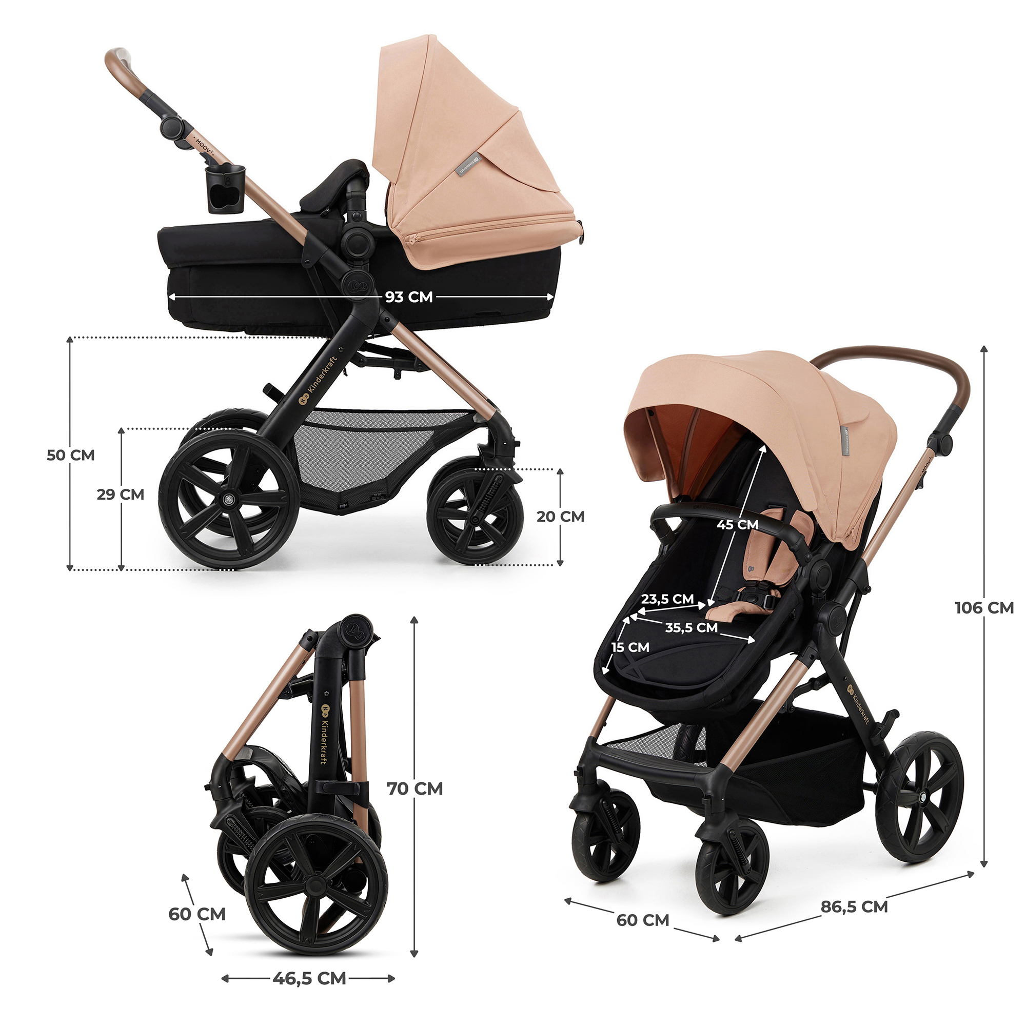 Ein beiger Kinderwagen mit schwarzen Rädern und Maßen.
