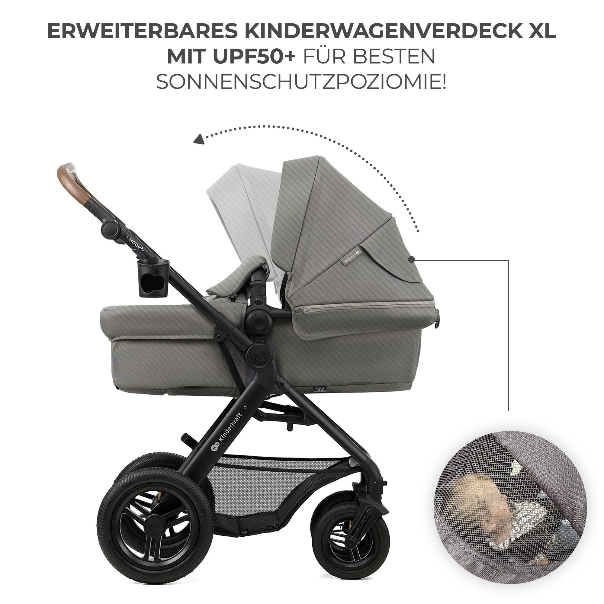 Grauer Kinderwagen mit ausklappbarem Verdeck, Getränkehalter und schlafendem Baby.