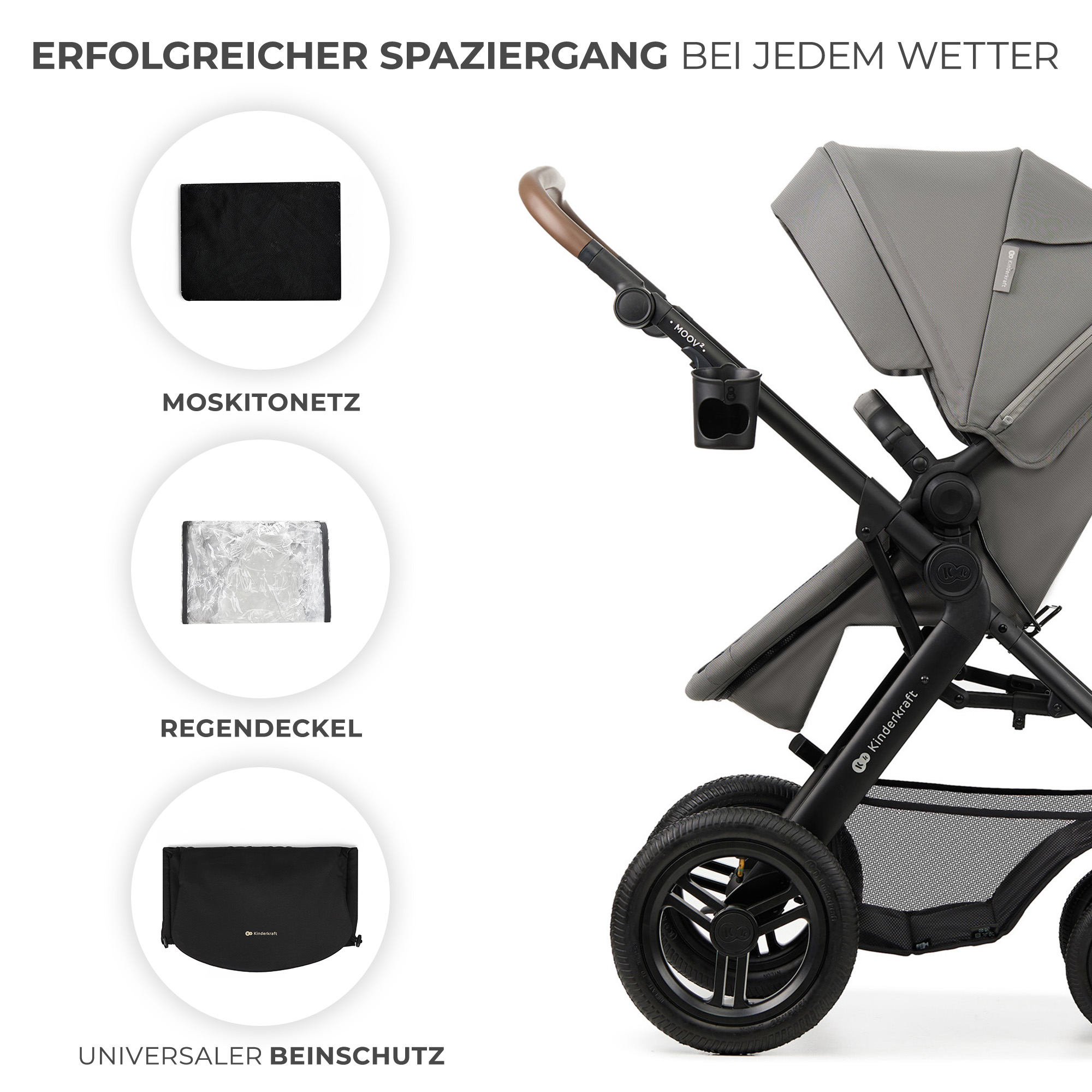 Kinderwagenzubehör: Moskitonetz, Regenabdeckung, Beinschutz.