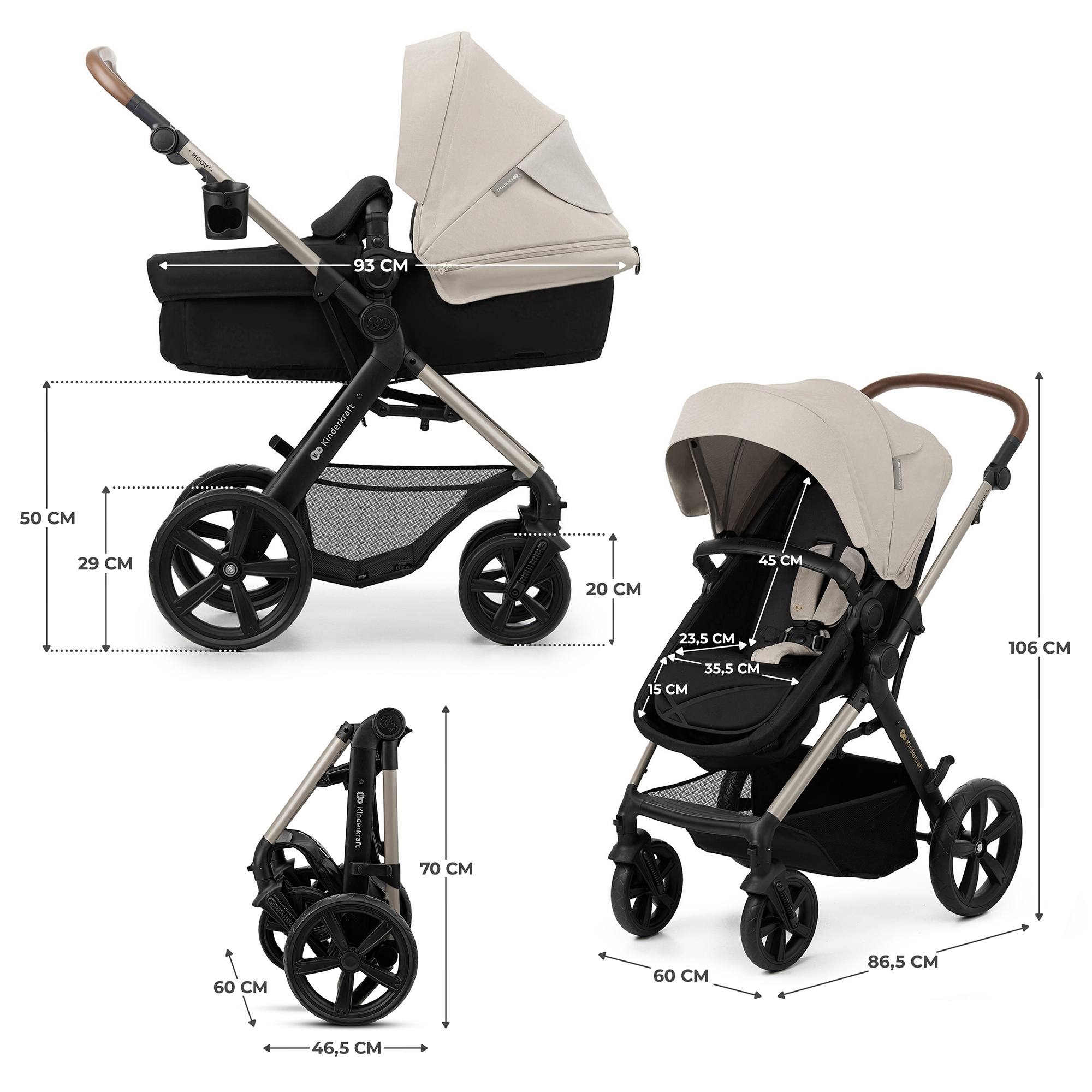 Ein Kinderwagen mit Liegewanne, Sitz und zusammengeklapptem Modus, mit Maßen.