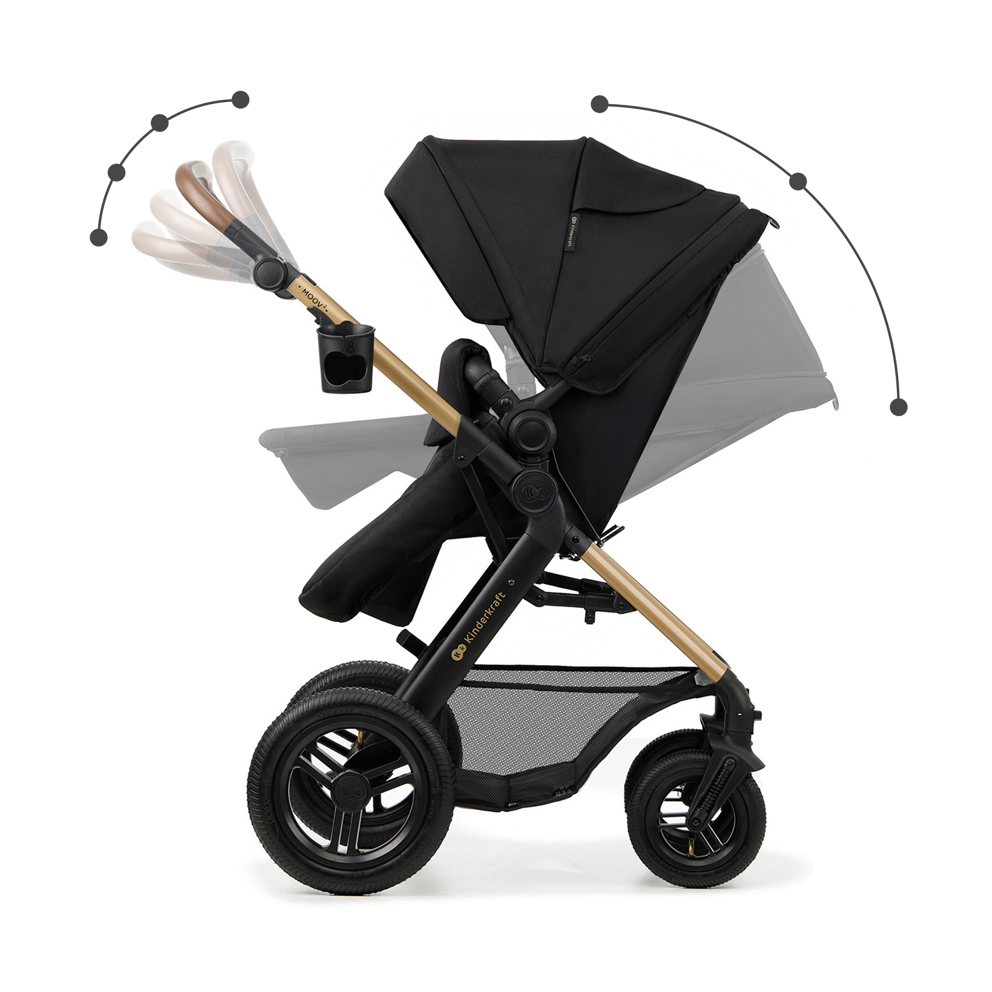 Ein schwarzer Kinderwagen mit goldenem Rahmen und Getränkehalter. Höhenverstellbarer Griff.