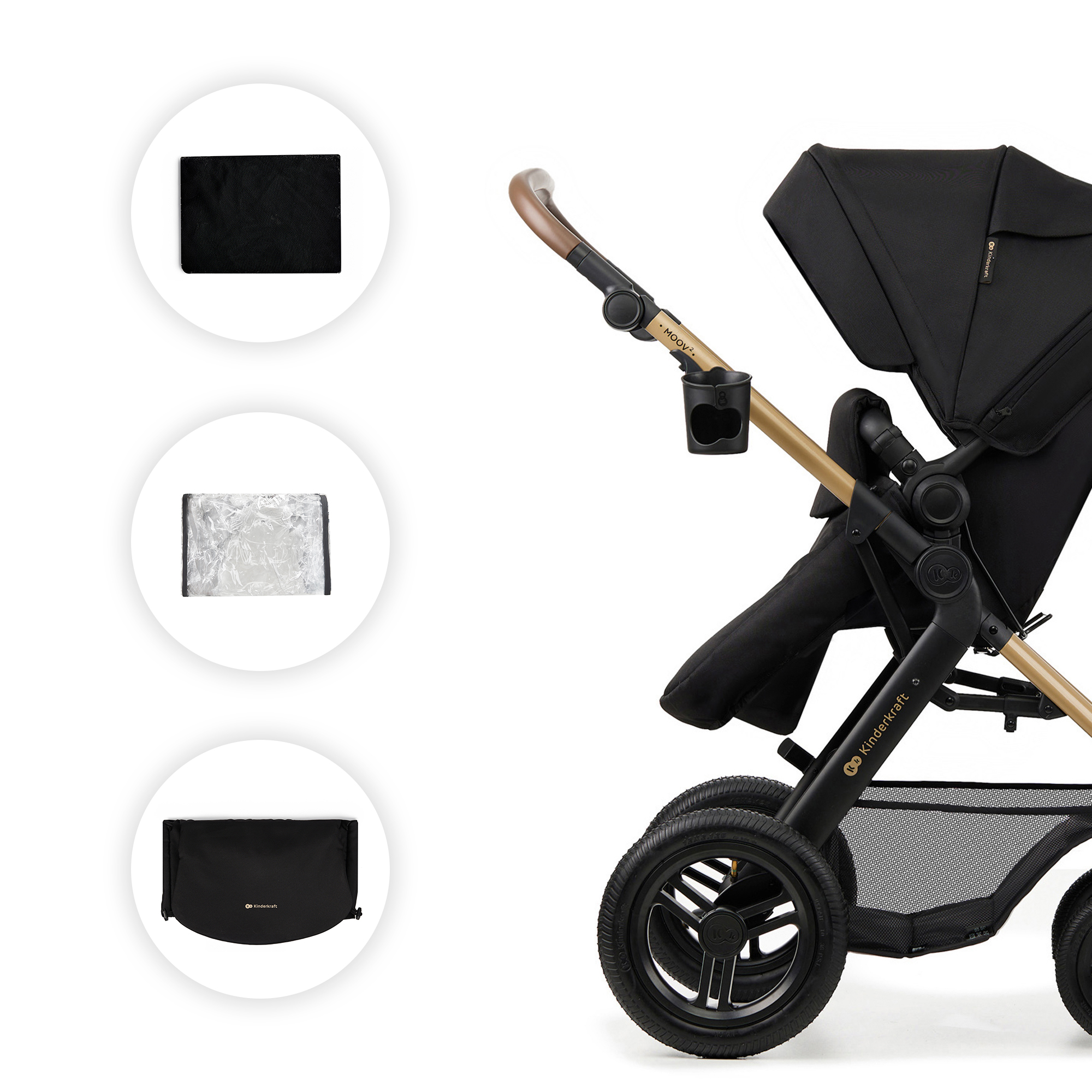 Schwarzer Kinderwagen mit braunen Griffen, Zubehör in Kreisen.