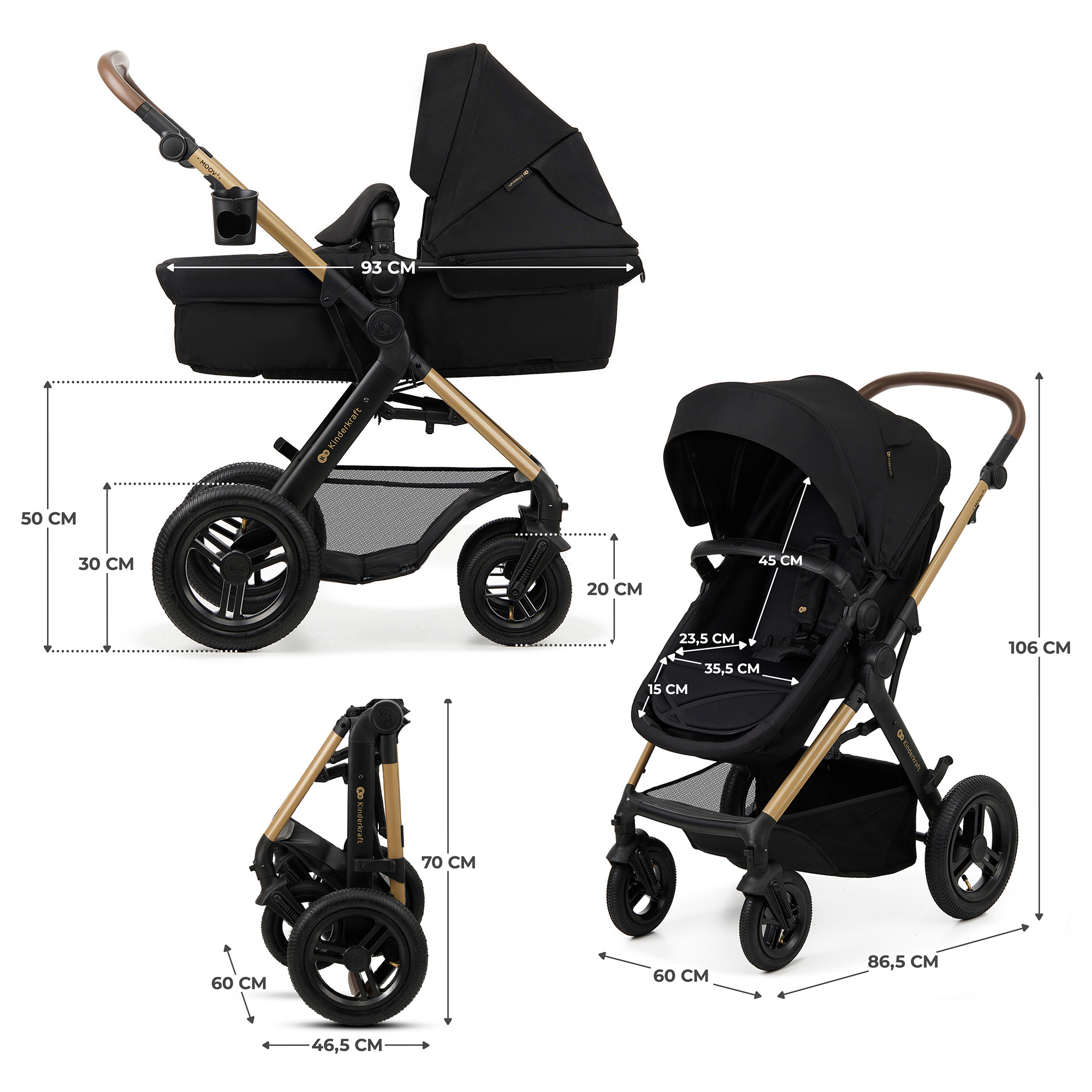 Schwarzer Kinderwagen mit braunen Griffen und goldenem Rahmen. Maße sind angegeben.