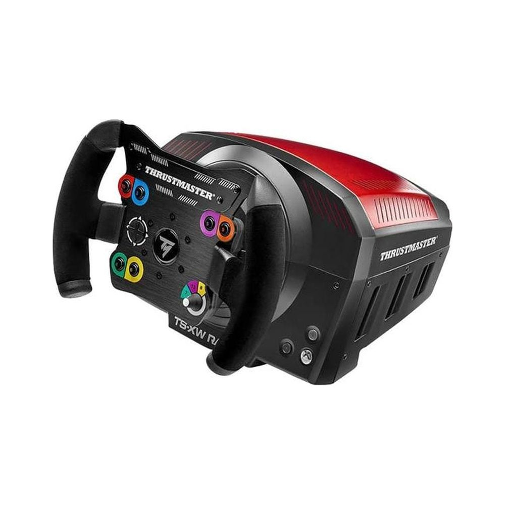 Czarny kontroler kierownicy wyścigowej z czerwonymi akcentami i logo Thrustmaster.