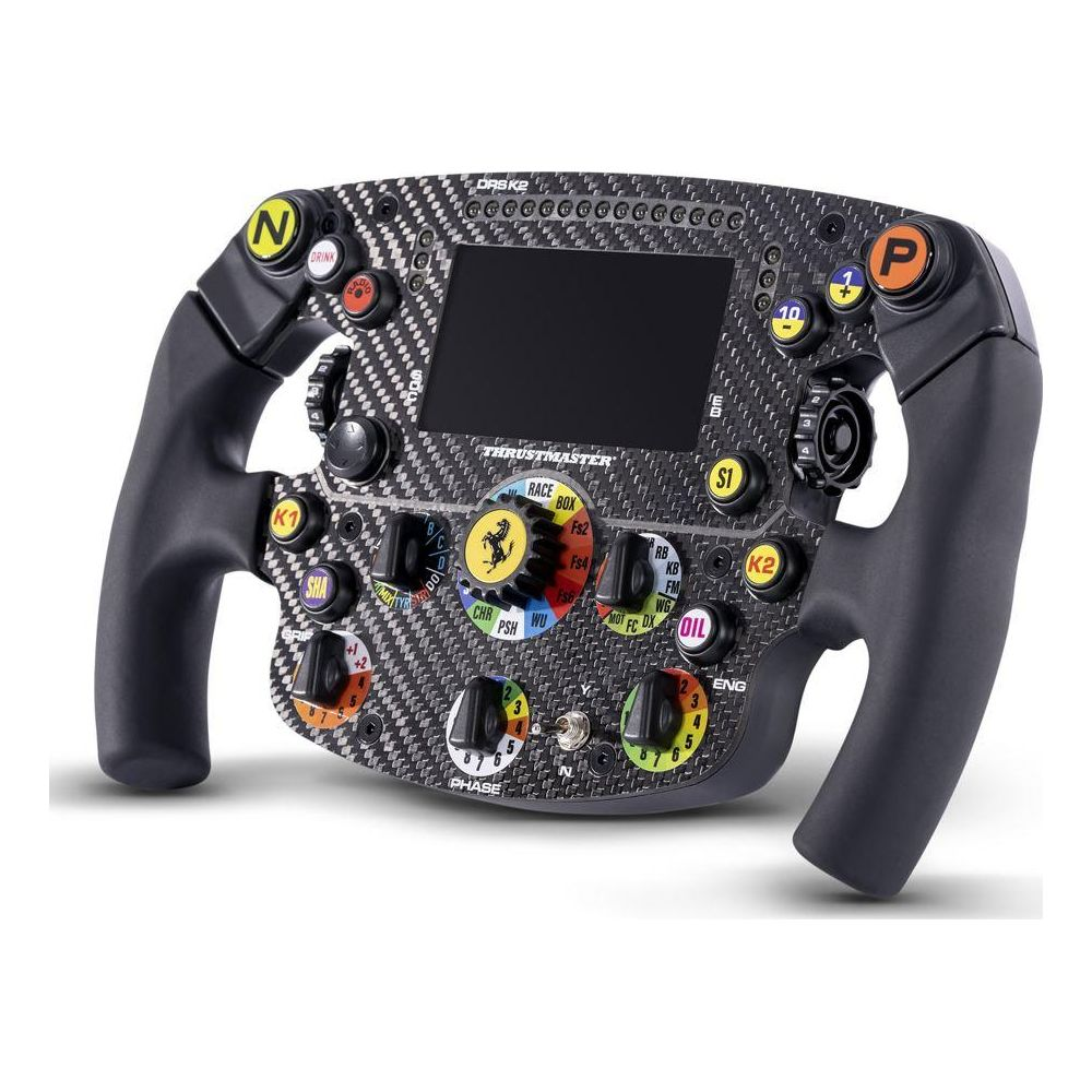 Czarne koło wyścigowe z włókna węglowego z wieloma kolorowymi przyciskami i pokrętłami.