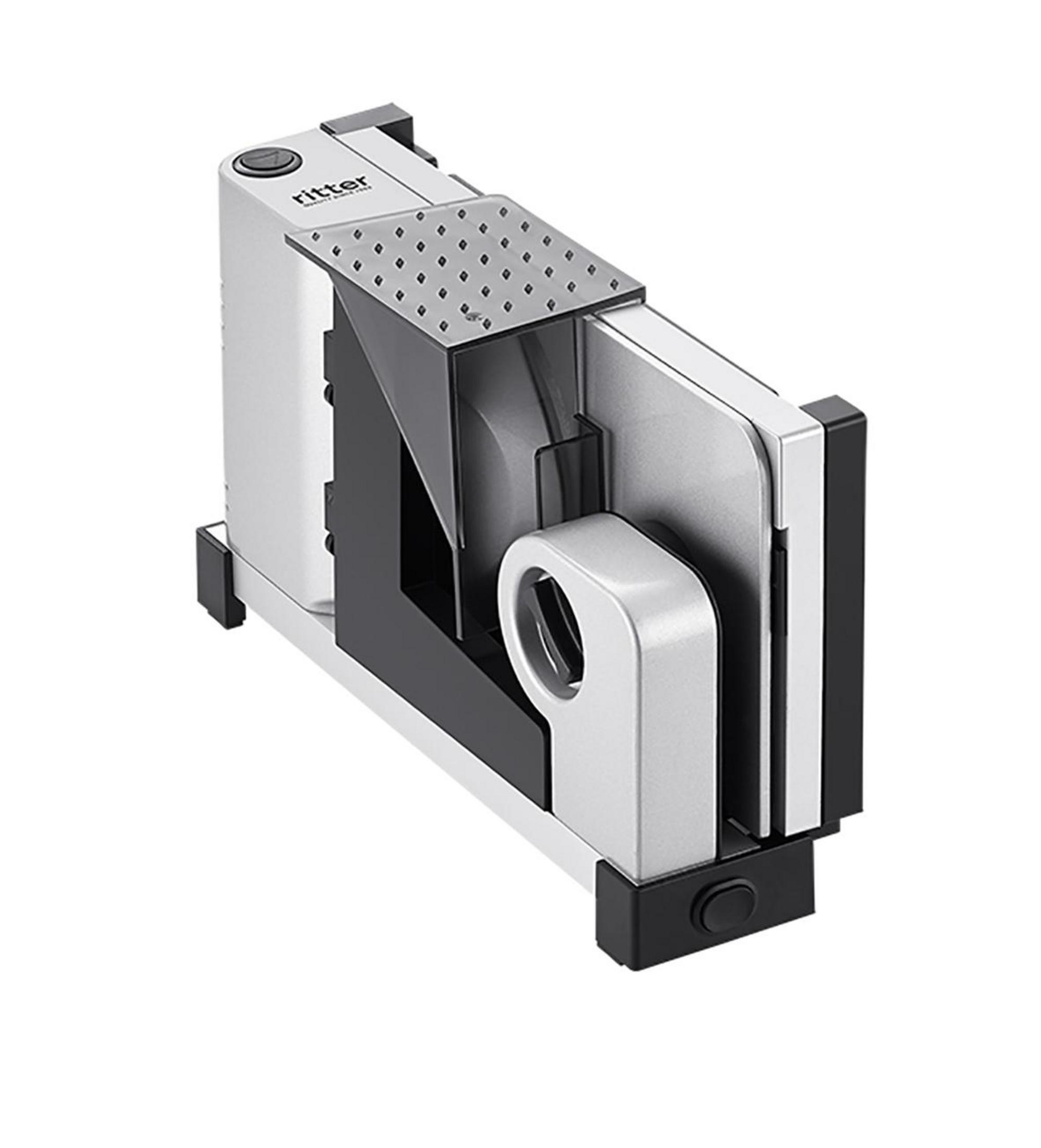 Srebrna i czarna elektryczna krajalnica z osłoną ostrza.