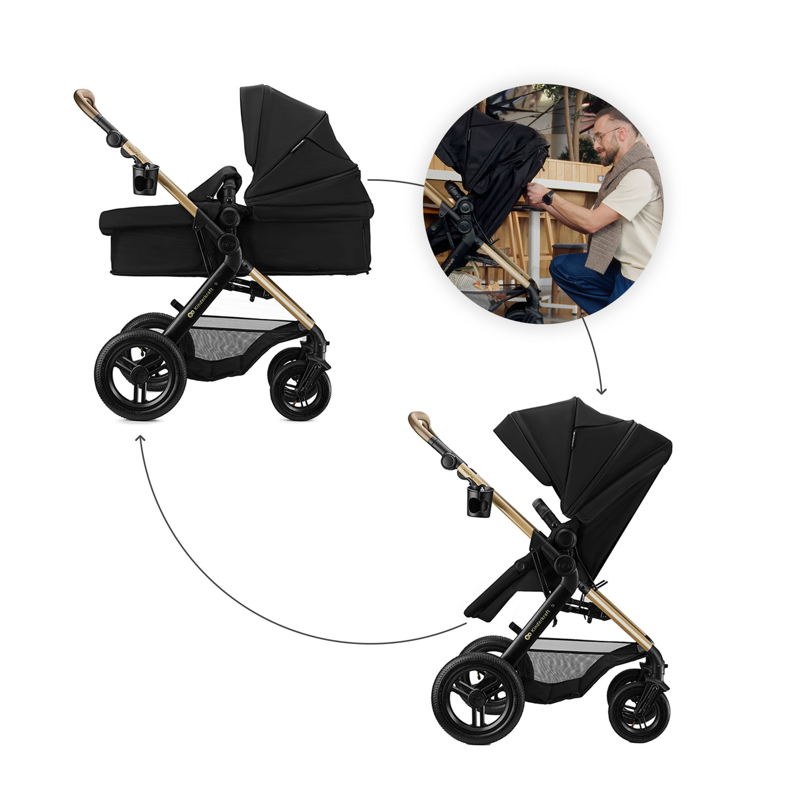Ein schwarzer Kinderwagen mit goldenem Rahmen und Zubehör.