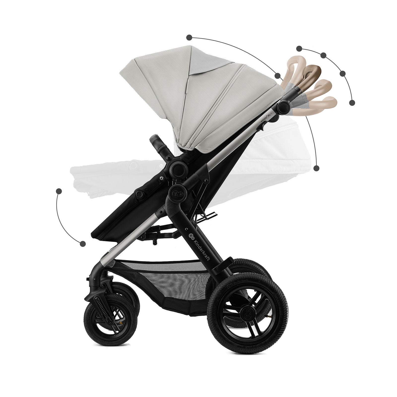 Ein Kinderwagen in Grau und Schwarz mit verstellbarem Griff und Verdeck.