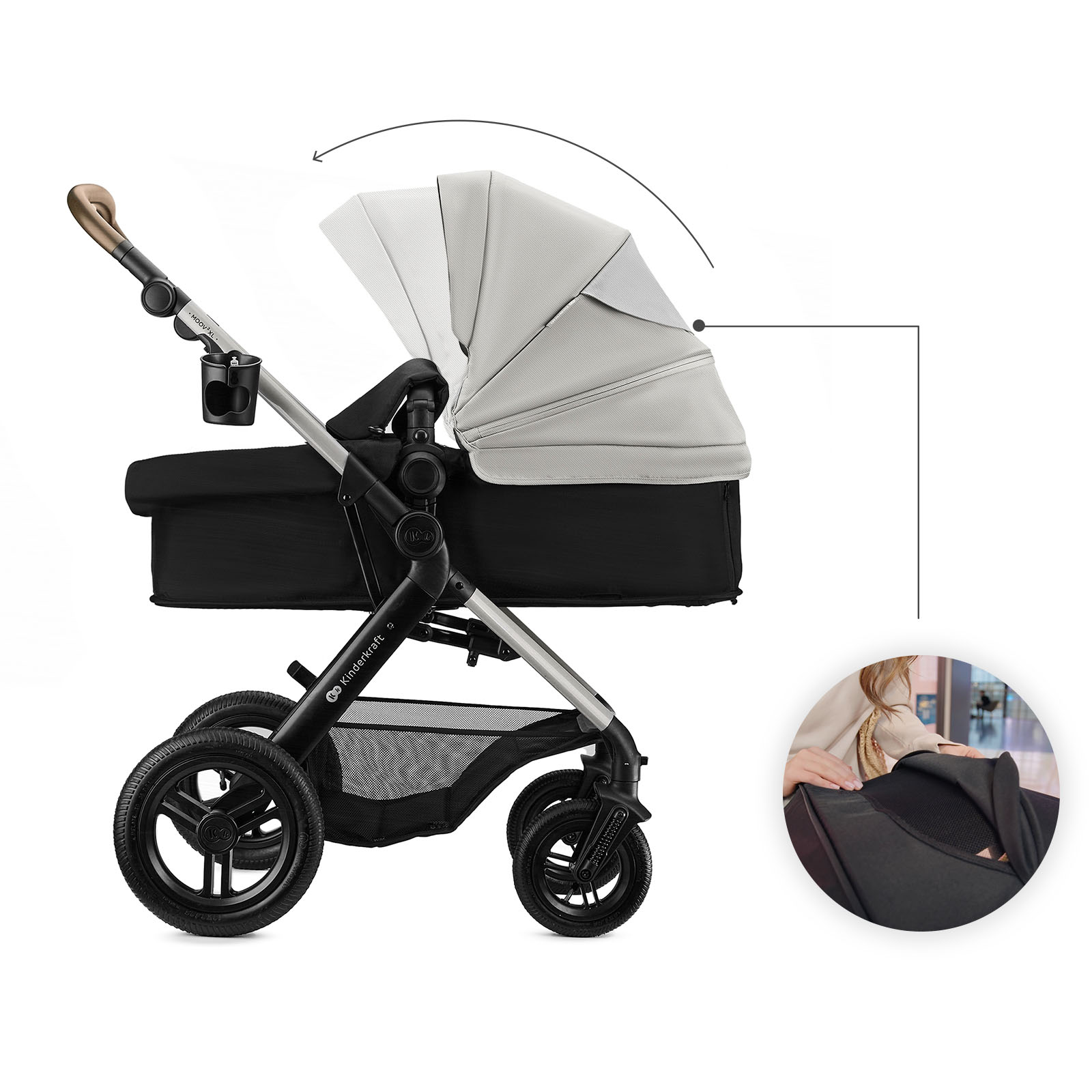 Ein Kinderwagen mit grauem Verdeck, schwarzer Sitzfläche und Getränkehalter.