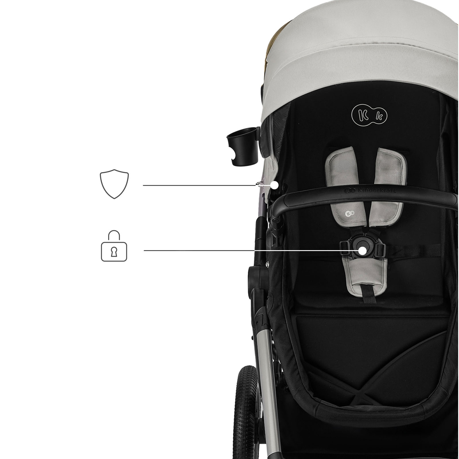 Nahaufnahme eines Kinderwagens mit Sicherheitsgurt und Becherhalter.
