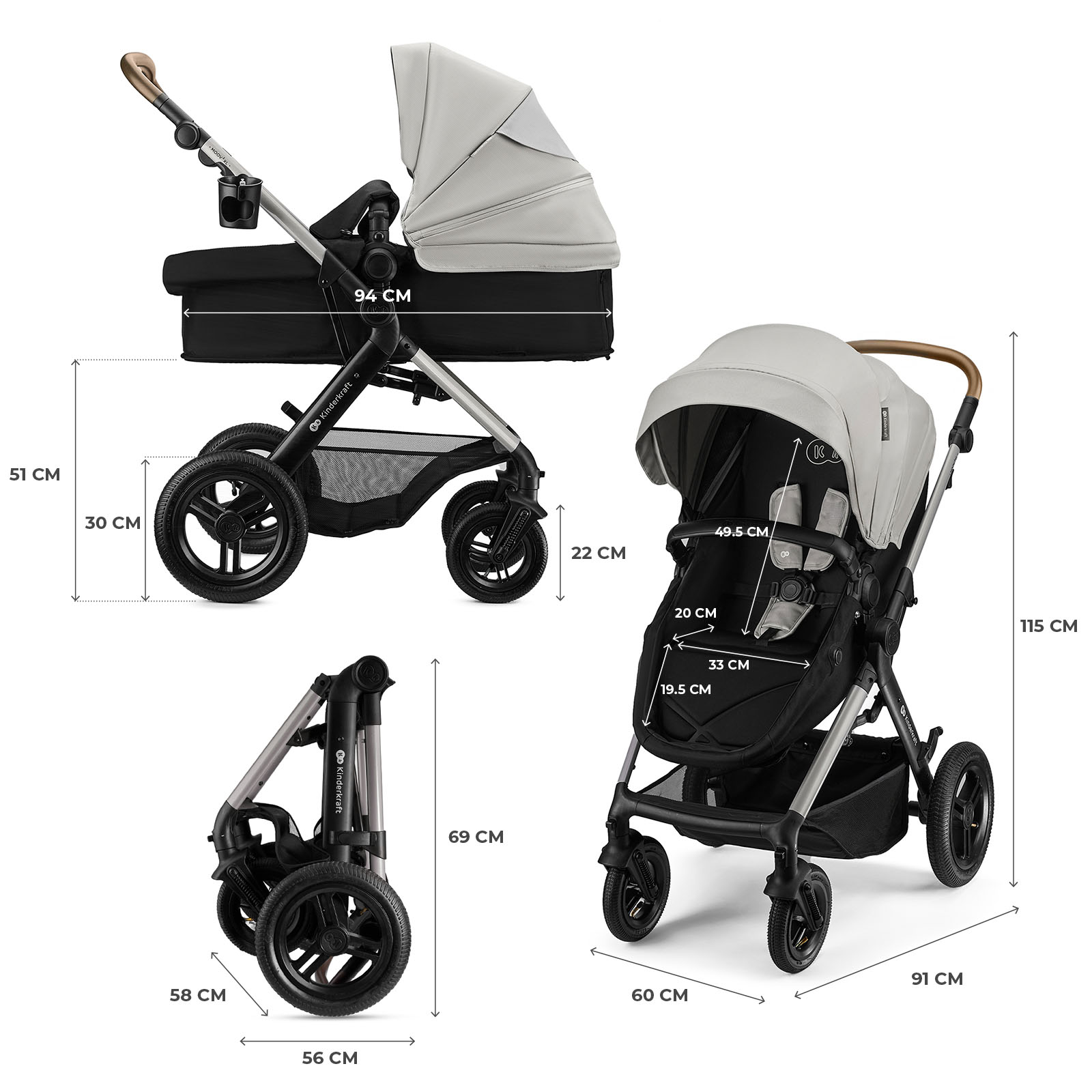 Ein Kinderwagen in Grau und Schwarz, zusammengeklappt und offen, mit Maßen.