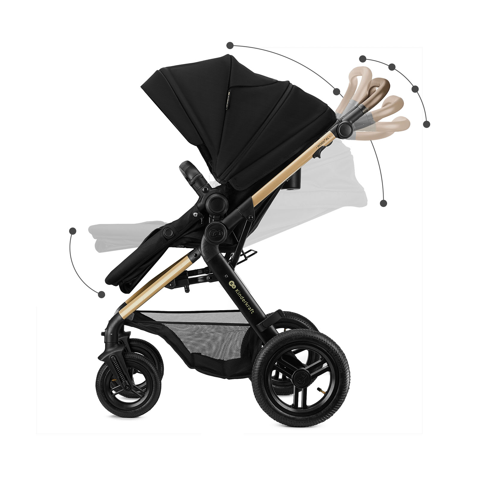 Schwarzer Kinderwagen mit verstellbarem Griff und Baldachin auf weißem Hintergrund.