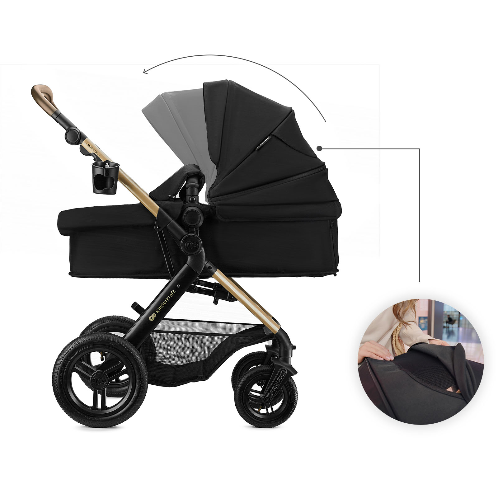 Schwarzer Kinderwagen mit goldenen Akzenten, verstellbarer Haube und Getränkehalter.