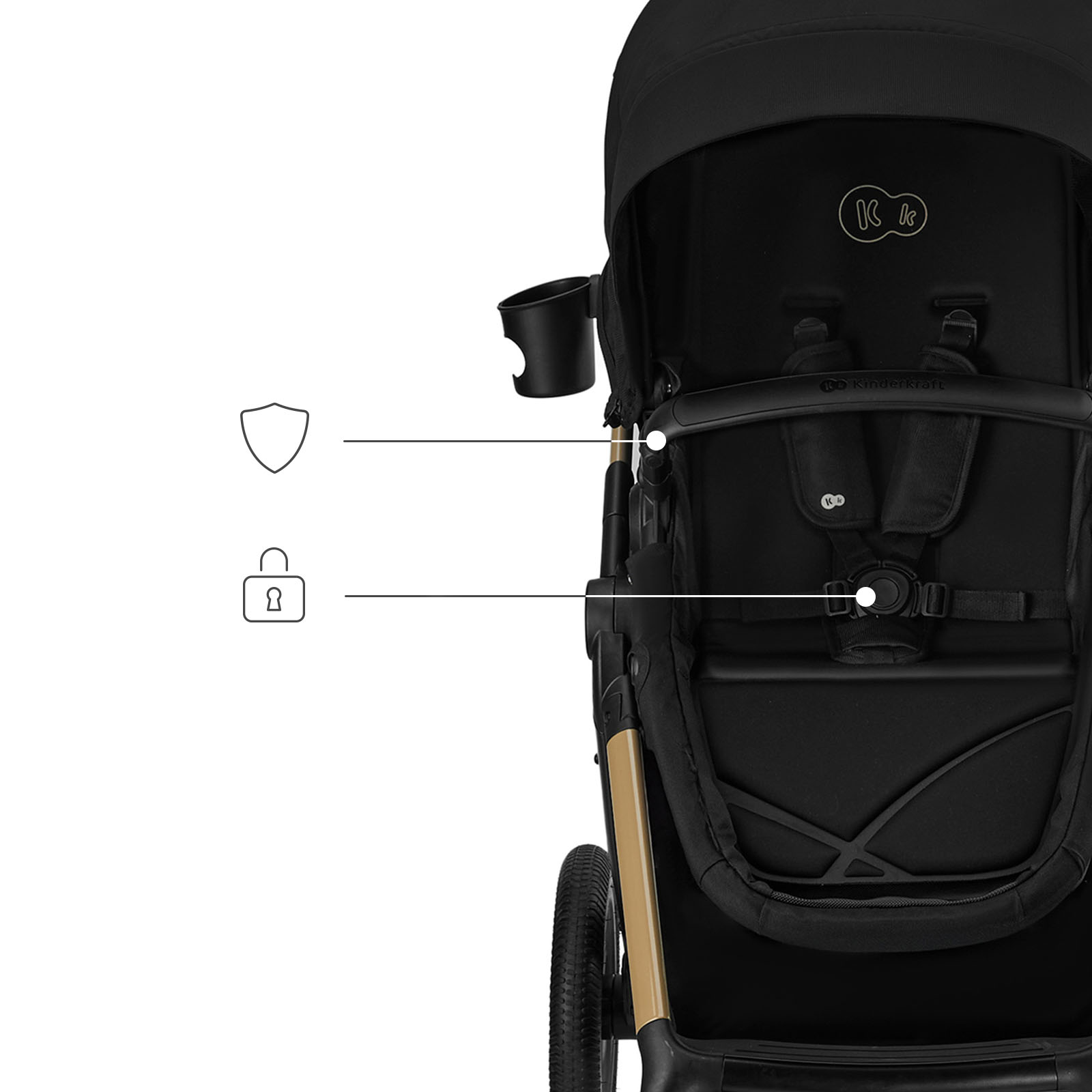 Schwarzer Kinderwagen mit Sicherheitsgurt und Getränkehalter.