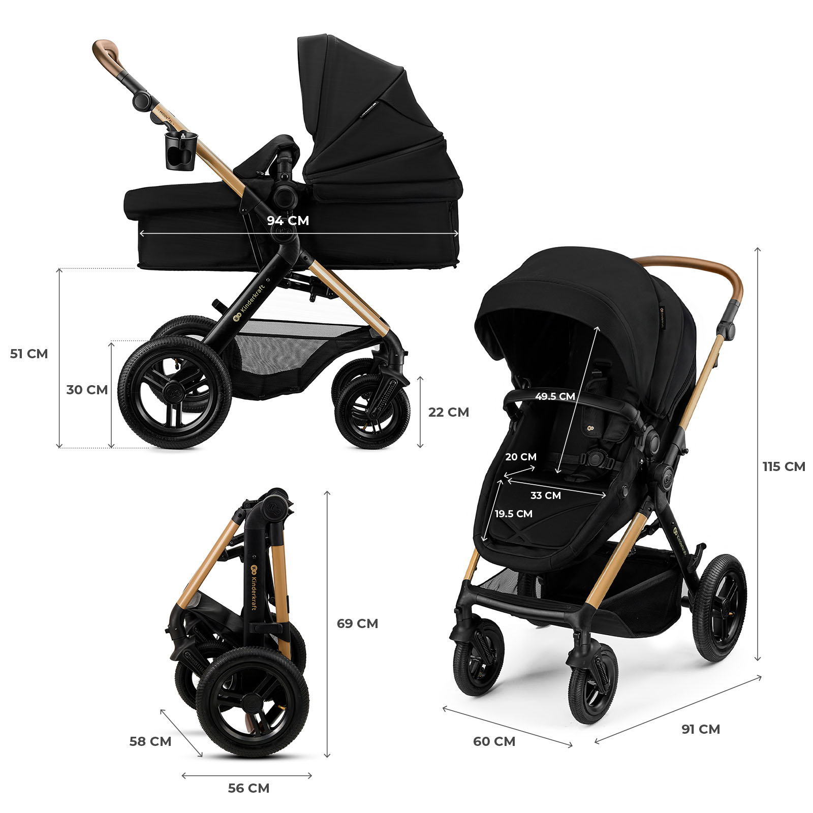 Schwarzer Kinderkraft Kinderwagen mit Maßen. Enthält Babywanne und zusammengeklappte Ansichten.