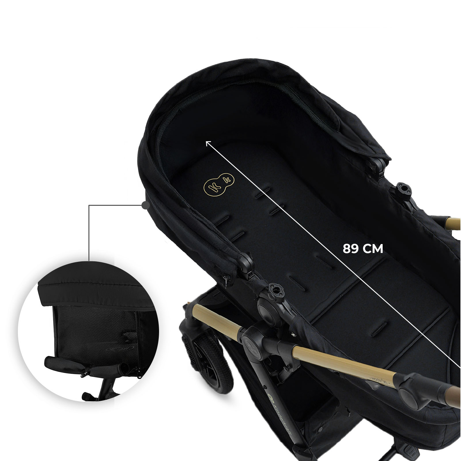 Schwarzer Kinderwagen mit Messung von 89 cm und Detailansicht des Korbs.