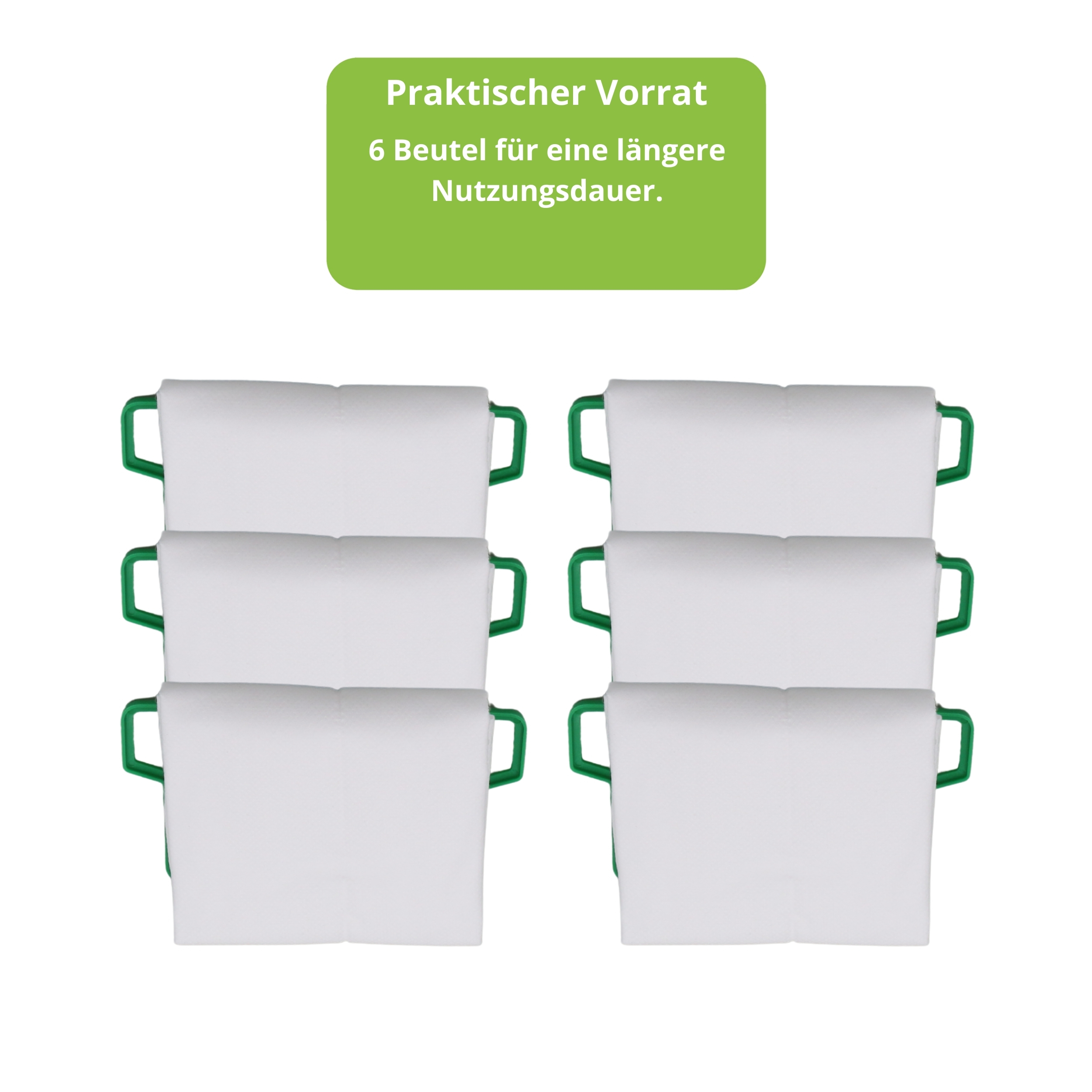 Sechs weiße Beutel mit grünen Griffen, aufrecht stehend.