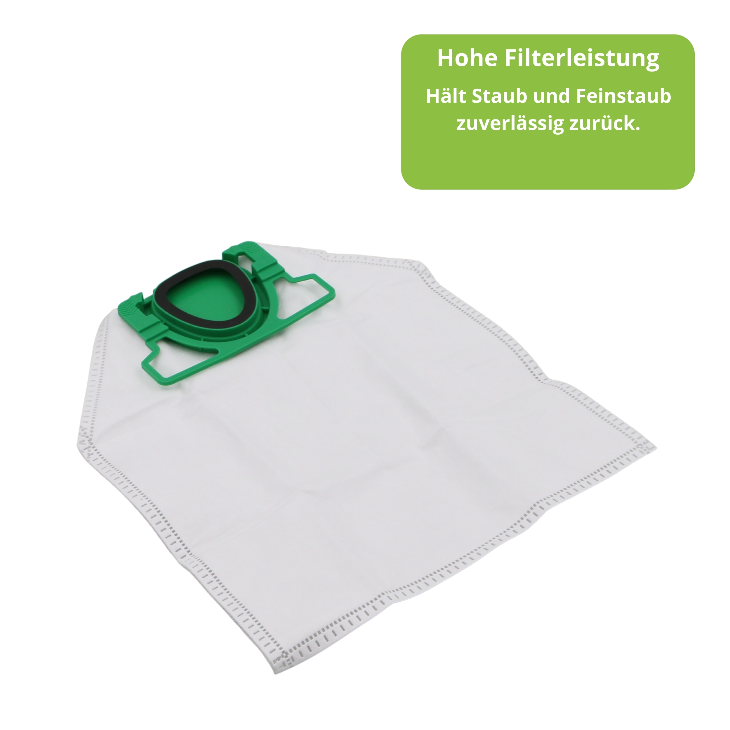 Ein weißer Staubsaugerbeutel mit grünem Anschlussstück liegt auf einem weißen Hintergrund.