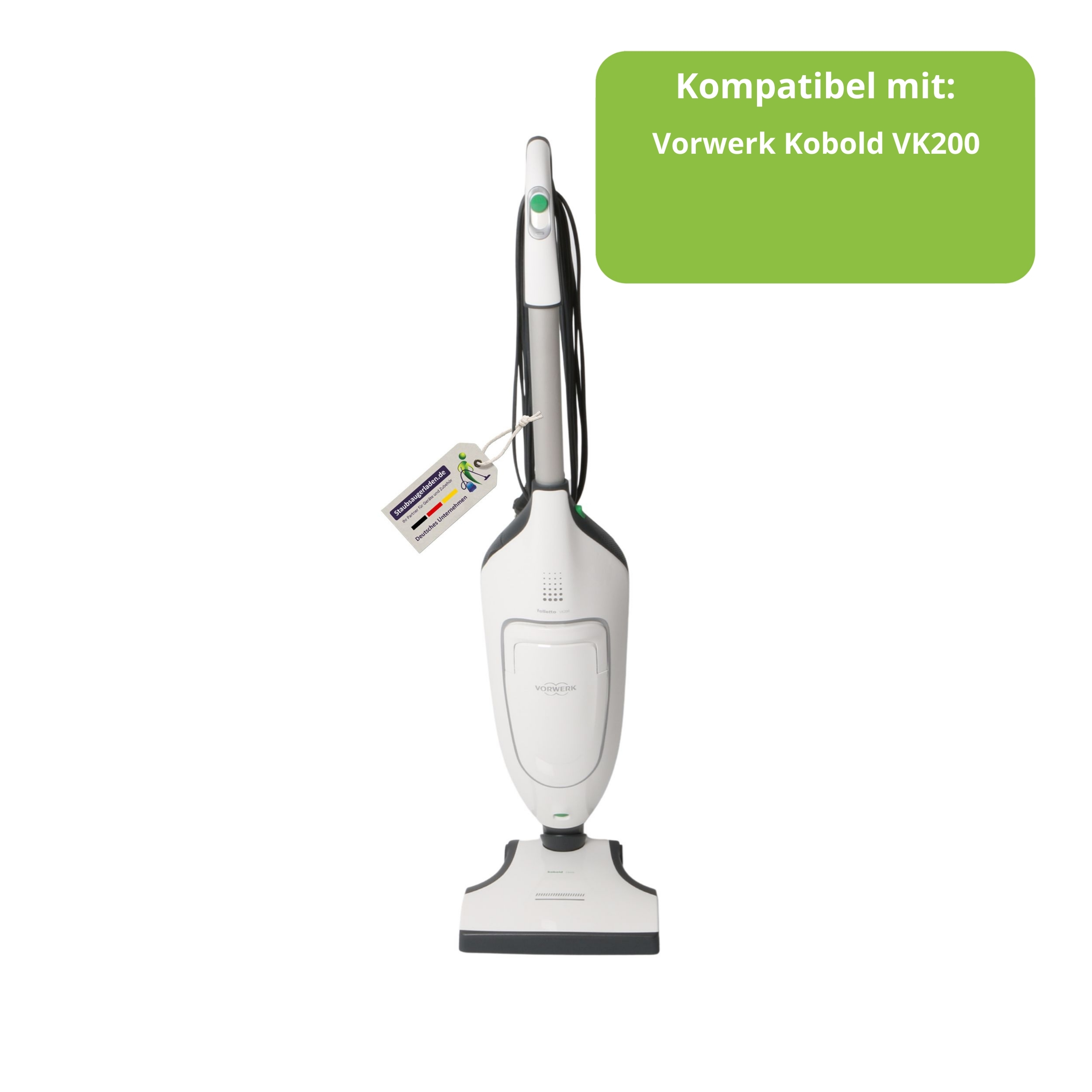 Ein weißer Vorwerk Staubsauger mit grünem Knopf und einem Anhänger.