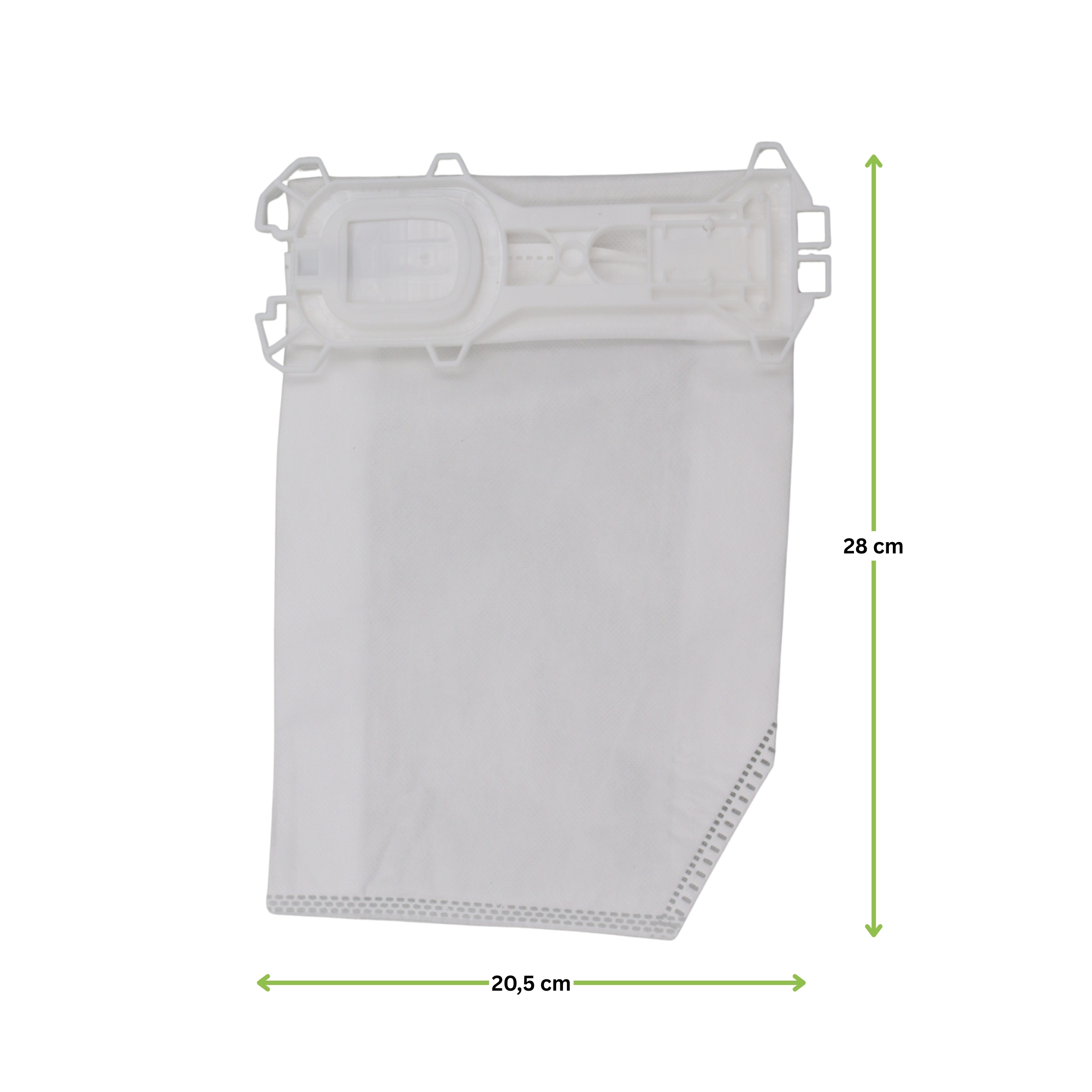 Weißer Staubsaugerbeutel mit weißem Plastikaufsatz, 28 cm hoch, 20,5 cm breit.