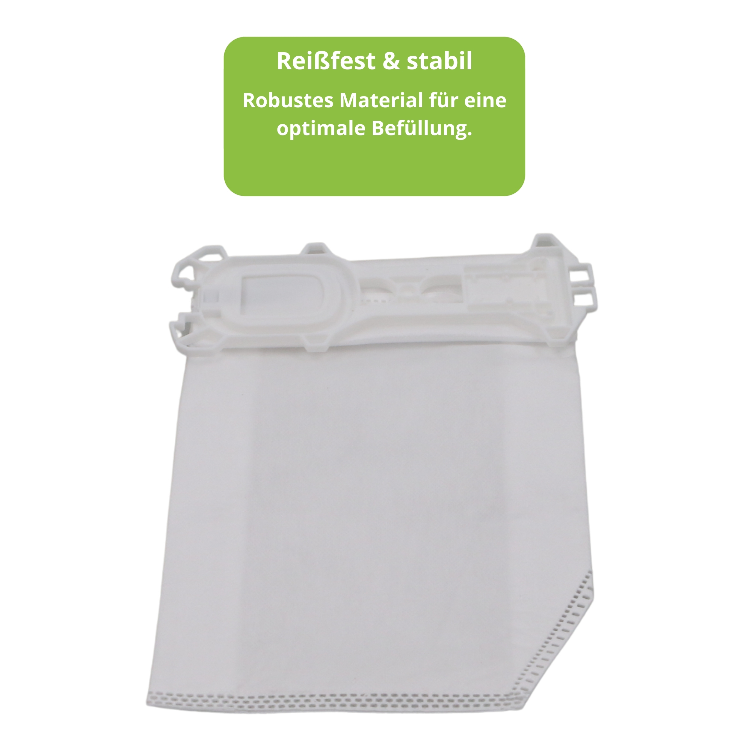 Ein weißer Staubsaugerbeutel mit weißem Plastikaufsatz und perforiertem Rand.