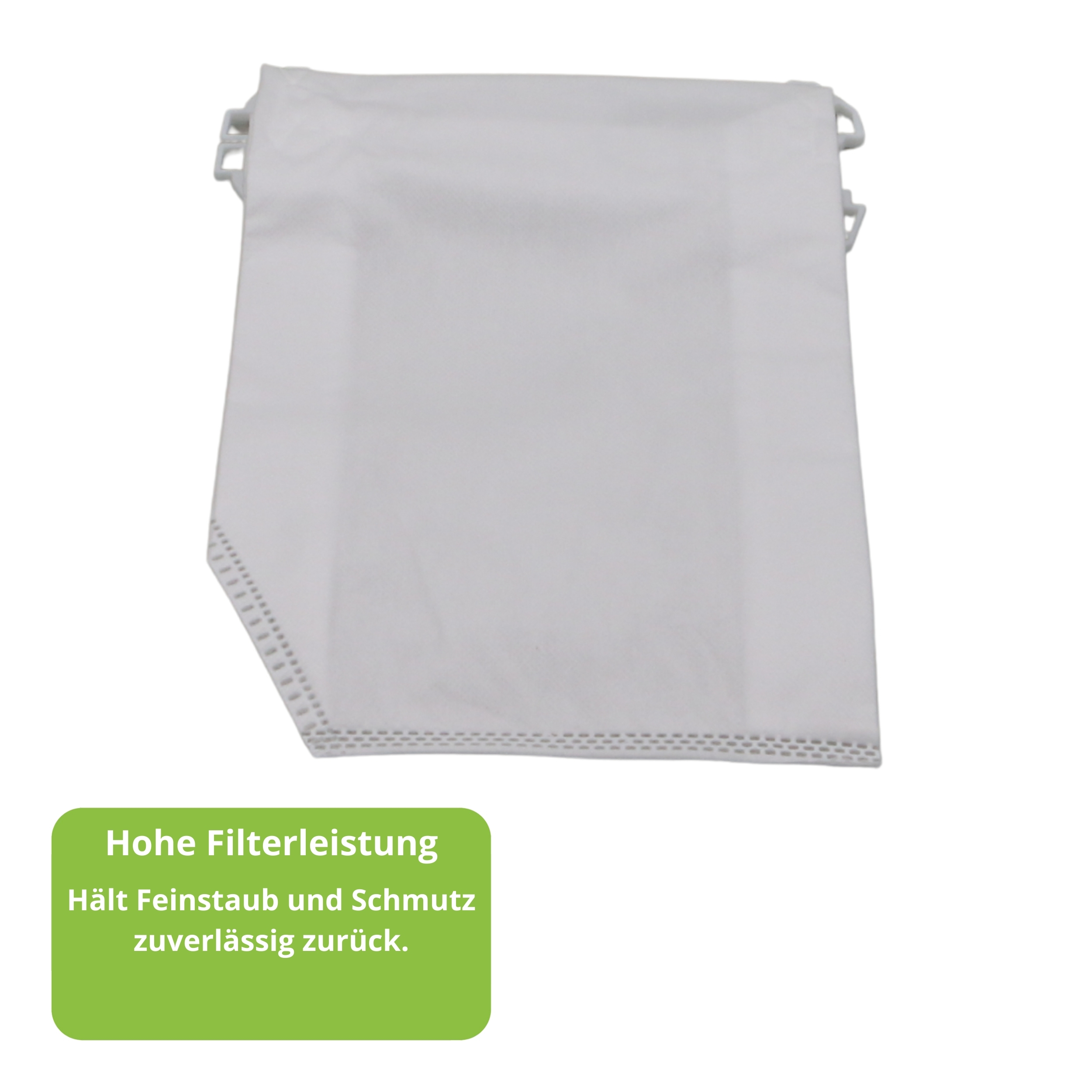 Ein weißer Staubbeutel mit Clips, für einen Staubsauger.