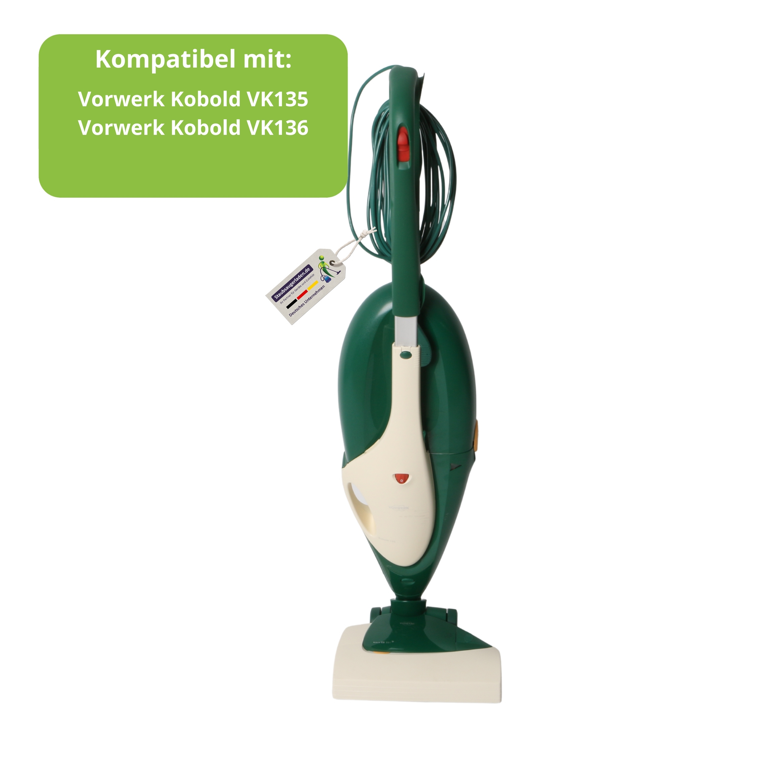Ein grüner und weißer Vorwerk Kobold Staubsauger mit Kabel und Anhänger.