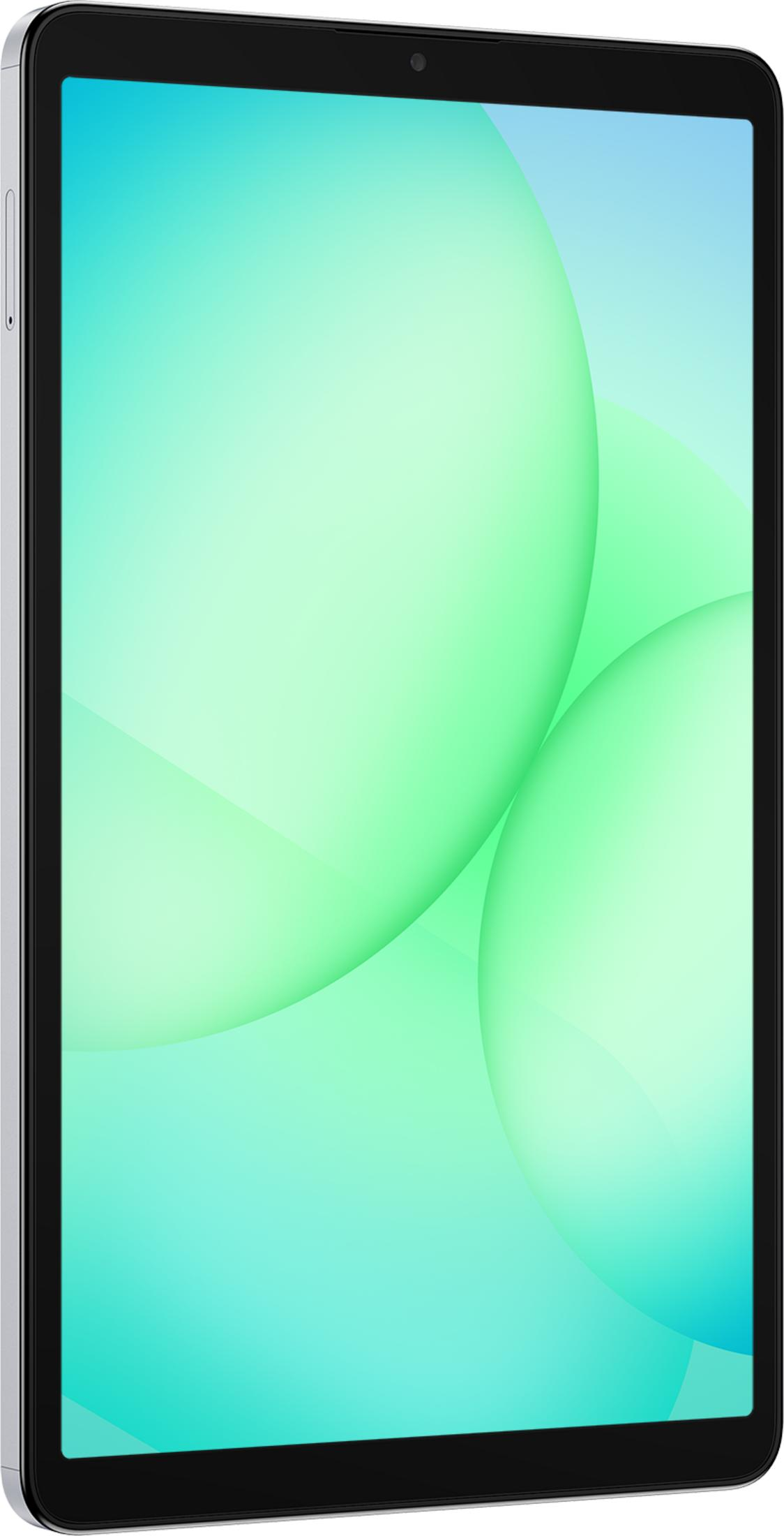 Une tablette avec un cadre argenté et un écran affichant des bulles vertes et bleues.