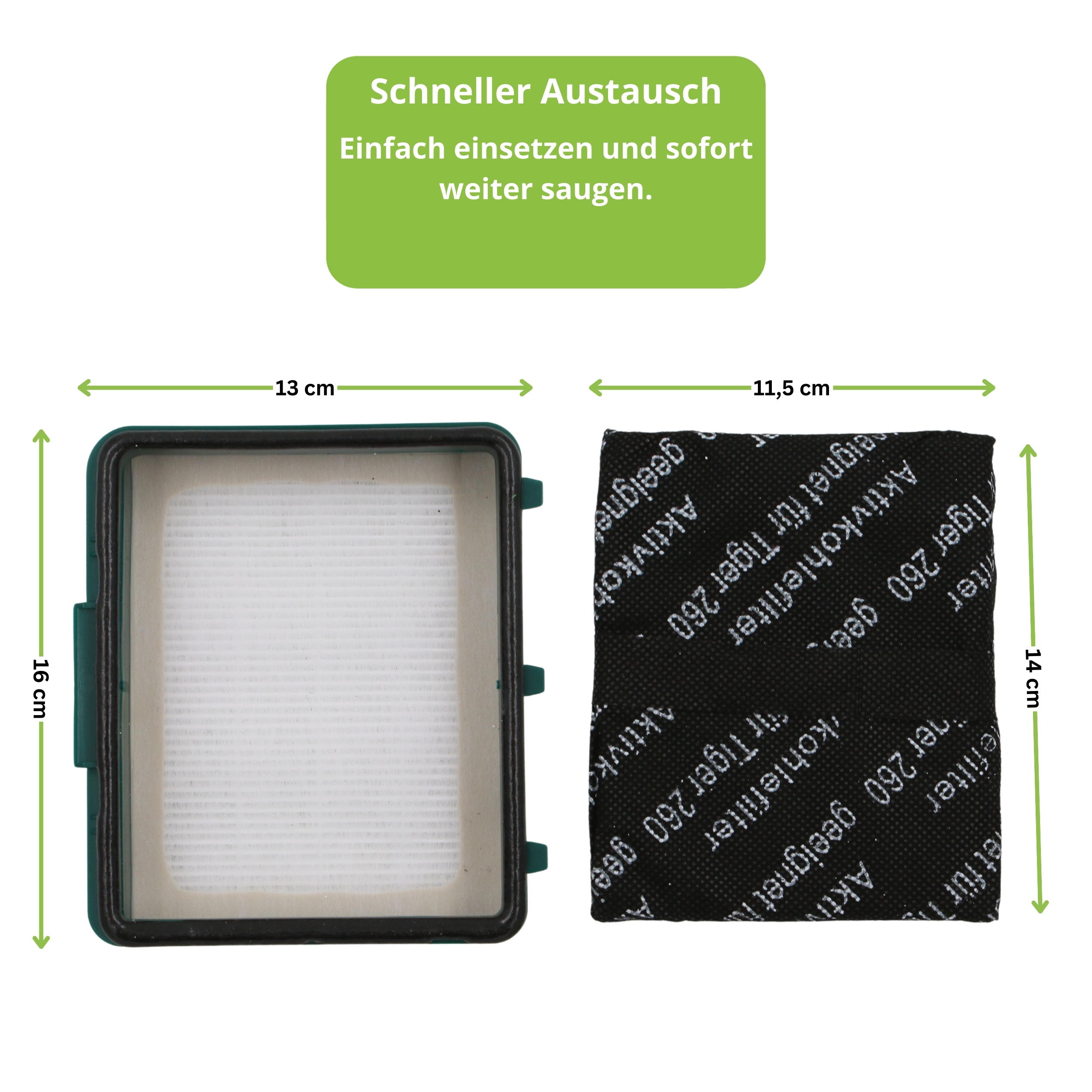 Filterelement (13x16cm) und Aktivkohlefilter (11,5x14cm).