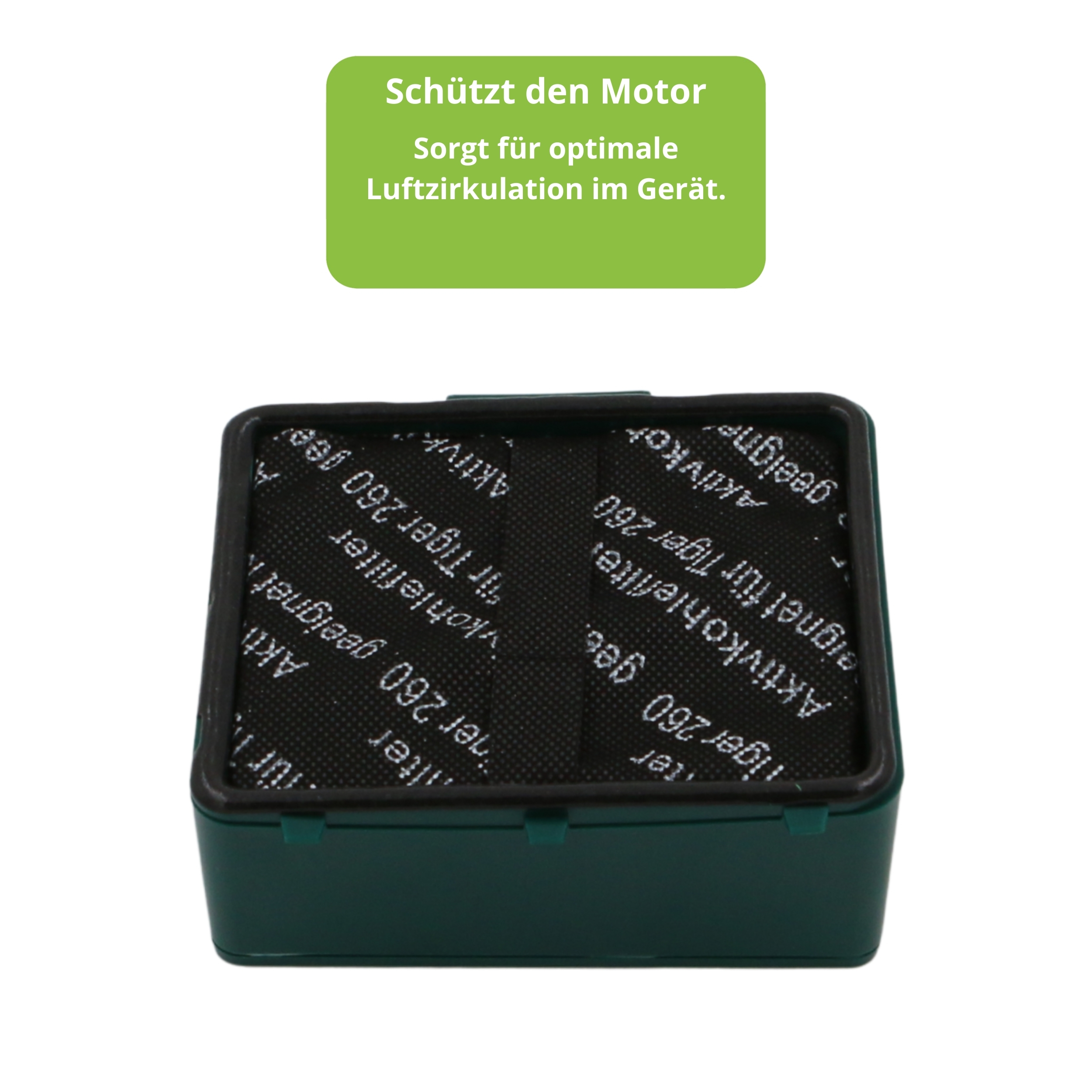 Dunkelgrüner Aktivkohlefilter mit schwarzem Gitter und Text.