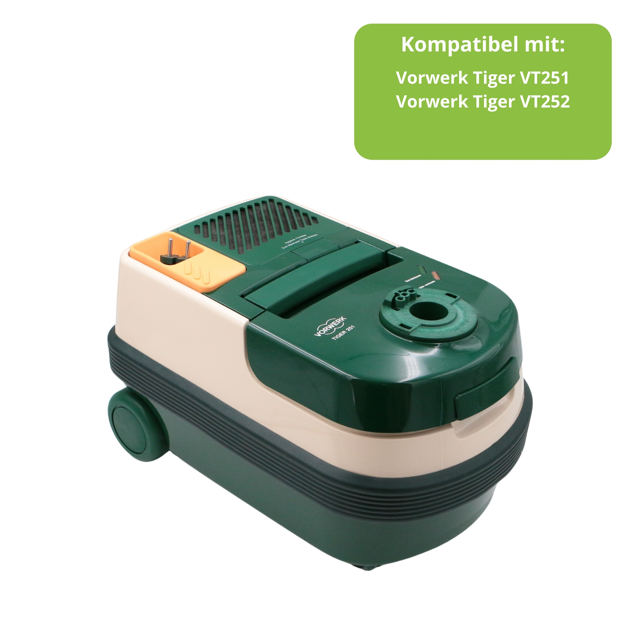 Ein grüner und beiger Vorwerk Tiger 251 Staubsauger mit Beschriftung.