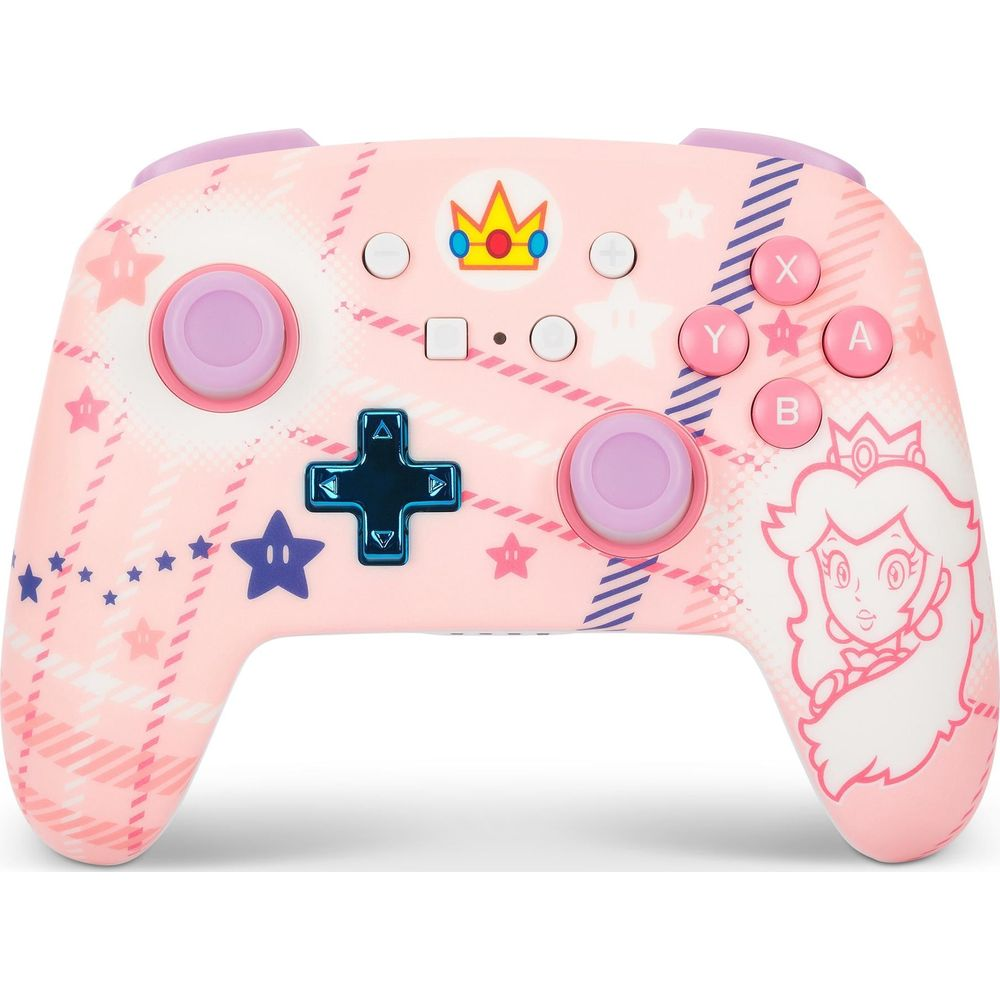 Różowy kontroler z Księżniczką Peach, gwiazdami i wzorem w kratę.