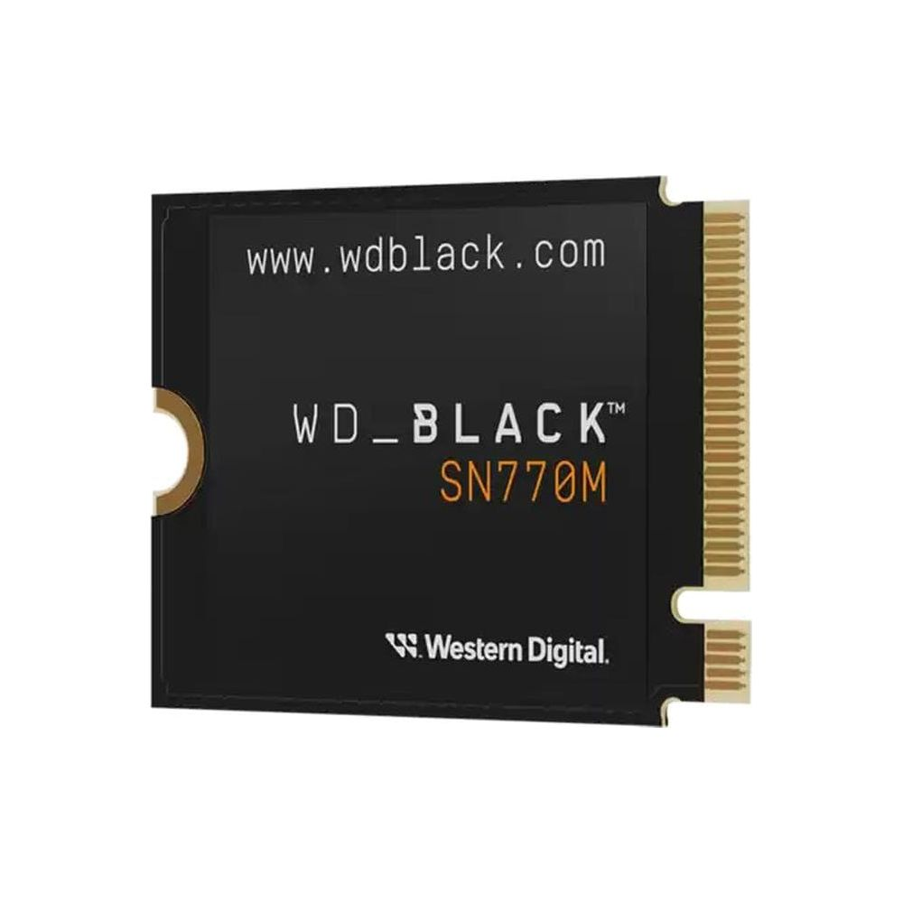 Czarny dysk SSD NVMe z oznaczeniem WD_BLACK SN770M i logo Western Digital.